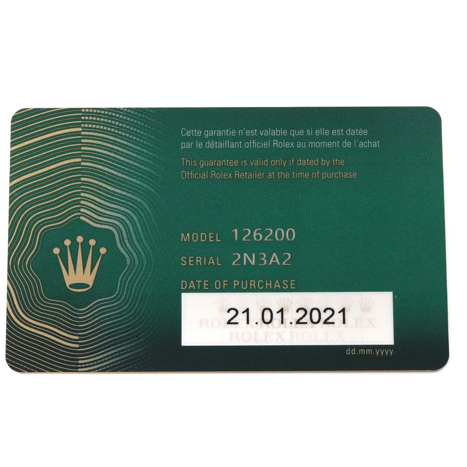 The image shows the certification card for a Rolex Datejust 126200 Men's Stainless Steel Blue Dial 126200 Men's Stainless Steel Blue Dial model 126200, detailing the serial number and date of purchase.