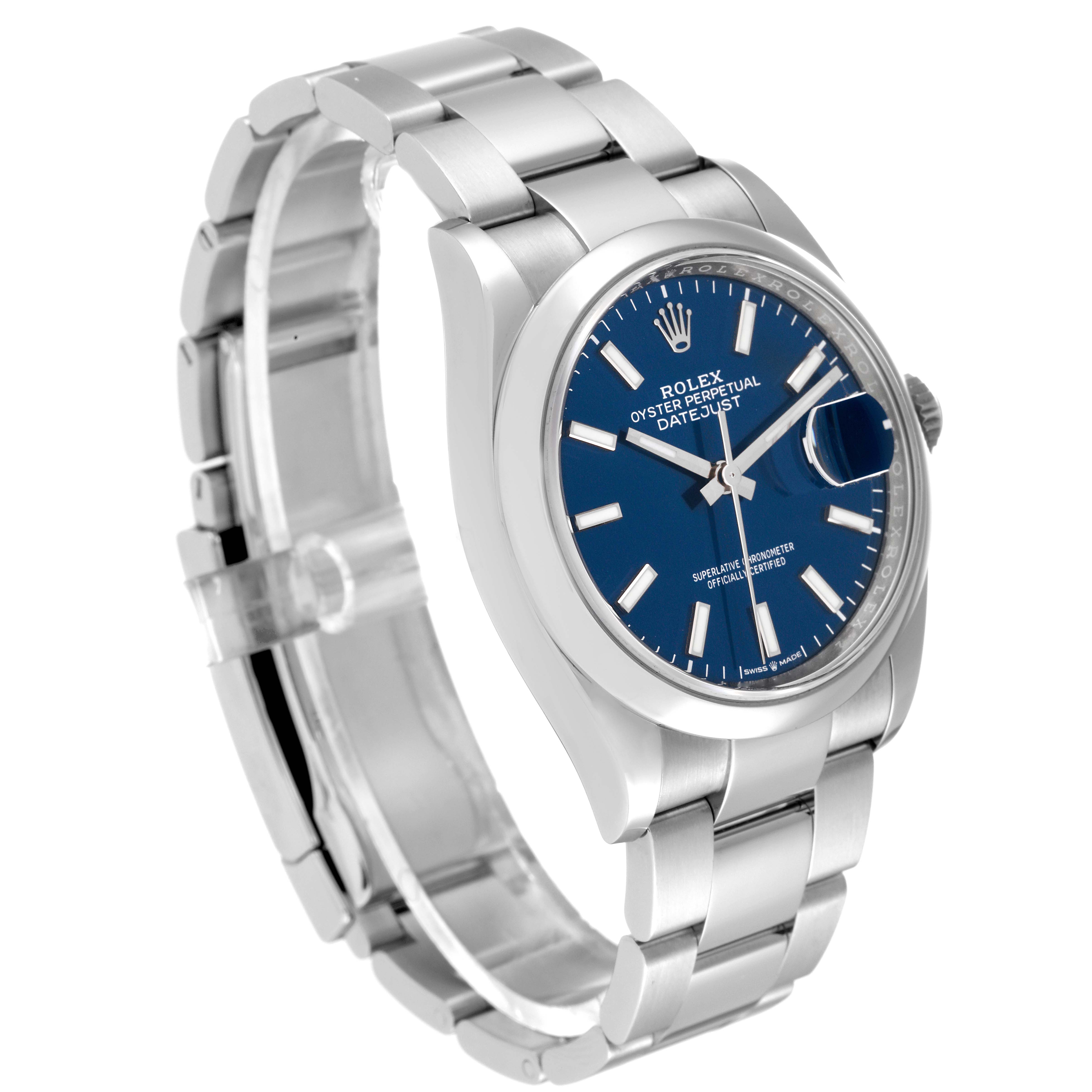 This image shows a side-angle view of the Rolex Datejust 126200 Men's Stainless Steel Blue Dial 126200 Men's Stainless Steel Blue Dial watch, highlighting its blue dial, bracelet, and bezel.