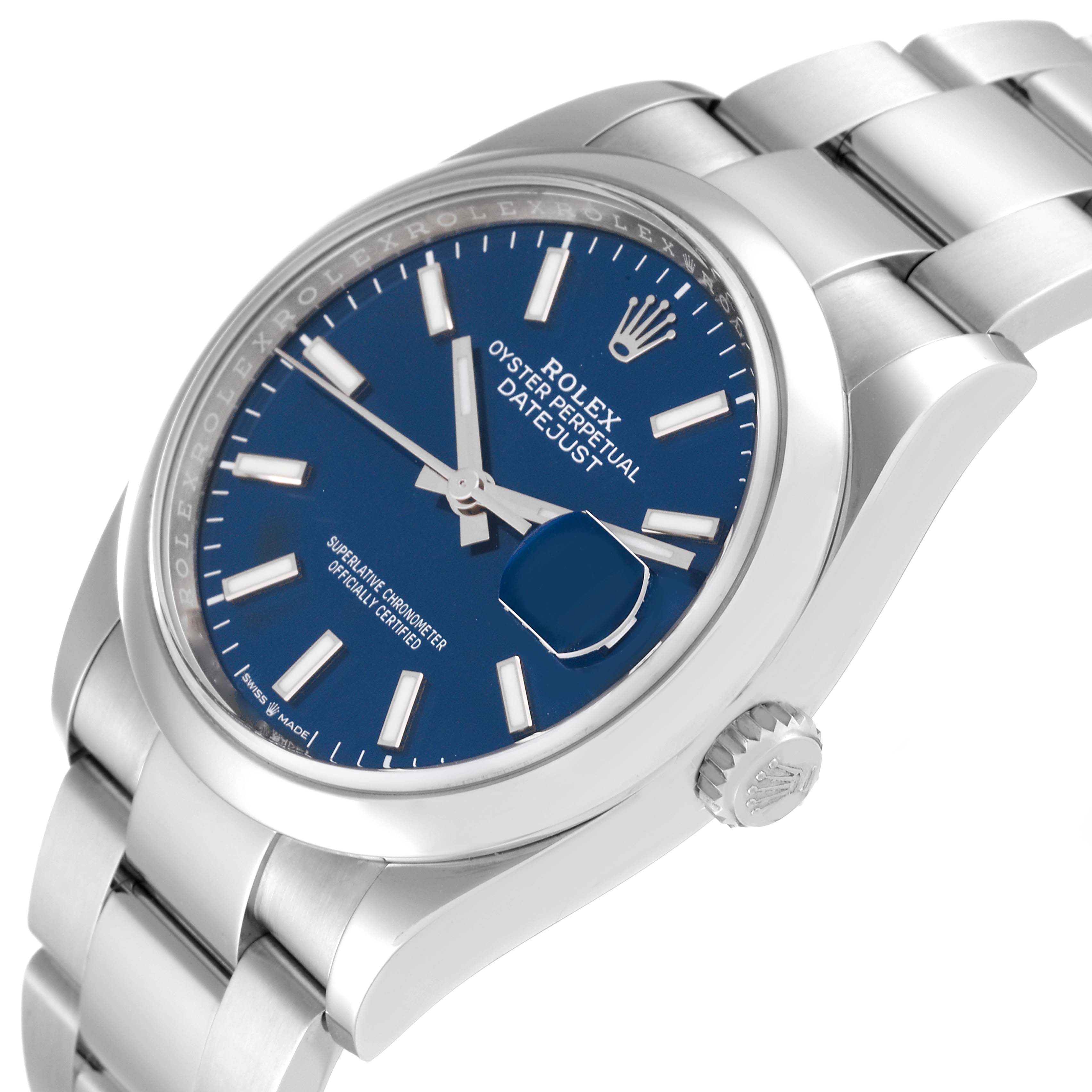 The image shows a Rolex Datejust 126200 Men's Stainless Steel Blue Dial 126200 Men's Stainless Steel Blue Dial watch at an angled view highlighting the blue dial, stainless steel case, and bracelet.