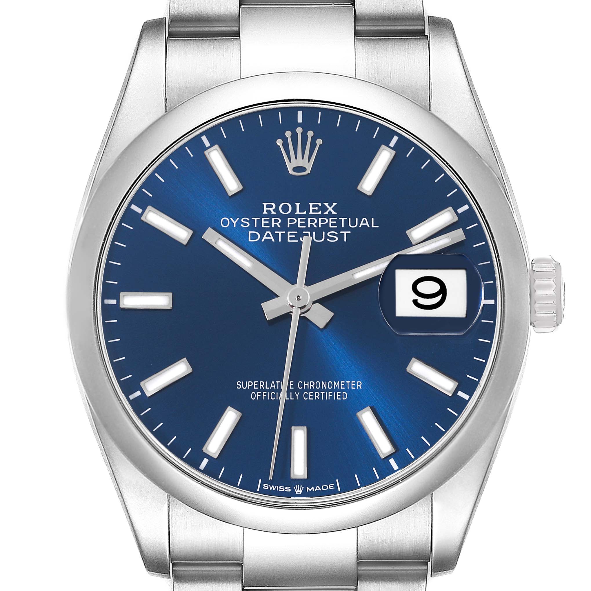 This image shows a frontal view of a Rolex Datejust 126200 Men's Stainless Steel Blue Dial 126200 Men's Stainless Steel Blue Dial watch, highlighting its blue dial, date window, and stainless steel bracelet.