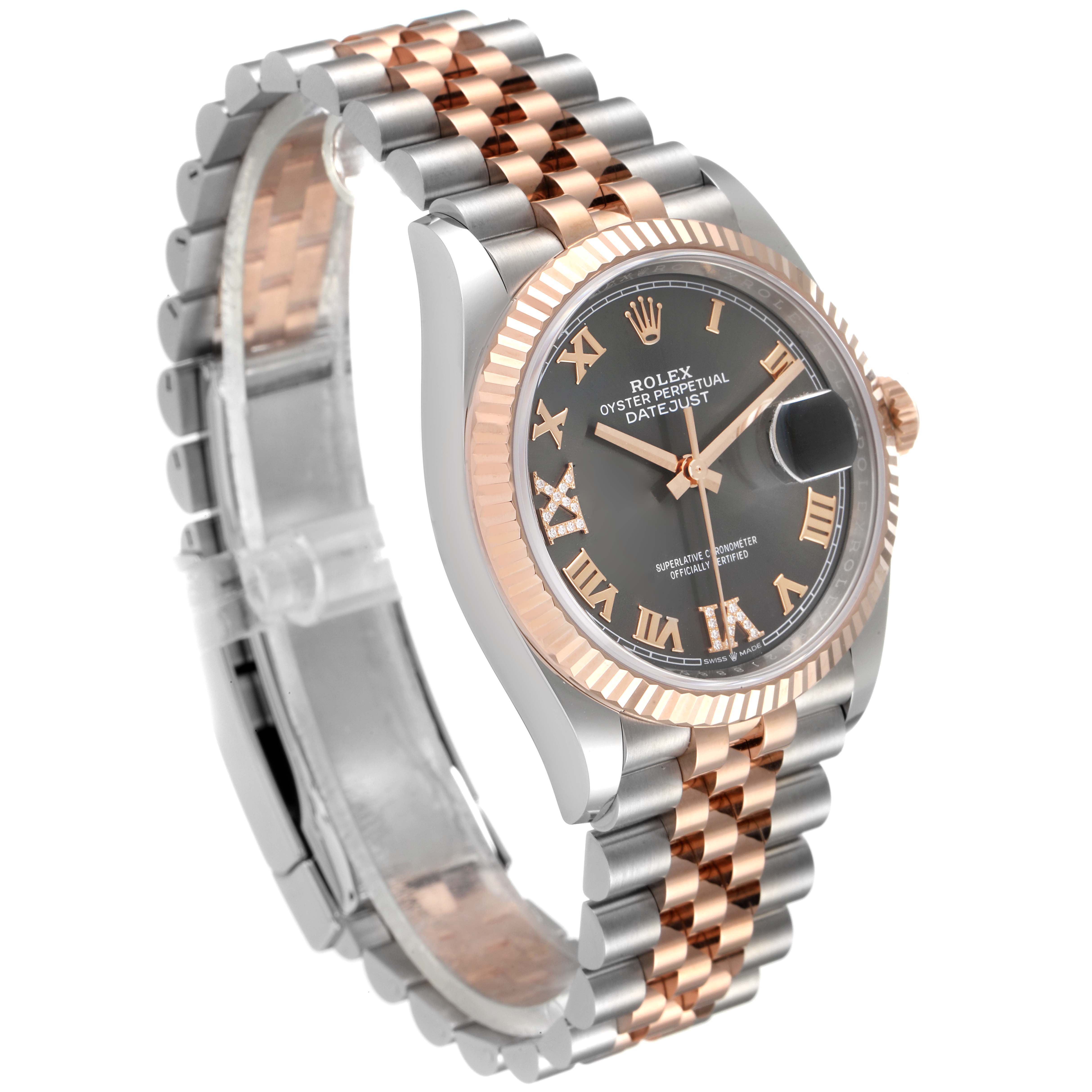 This Rolex Datejust 126231 Men's Steel and Gold (two tone) Grey Dial 126231 Men's Steel and Gold (two tone) Grey Dial watch is angled to show the face, bezel, case, crown, and bracelet with rose gold and stainless steel links.