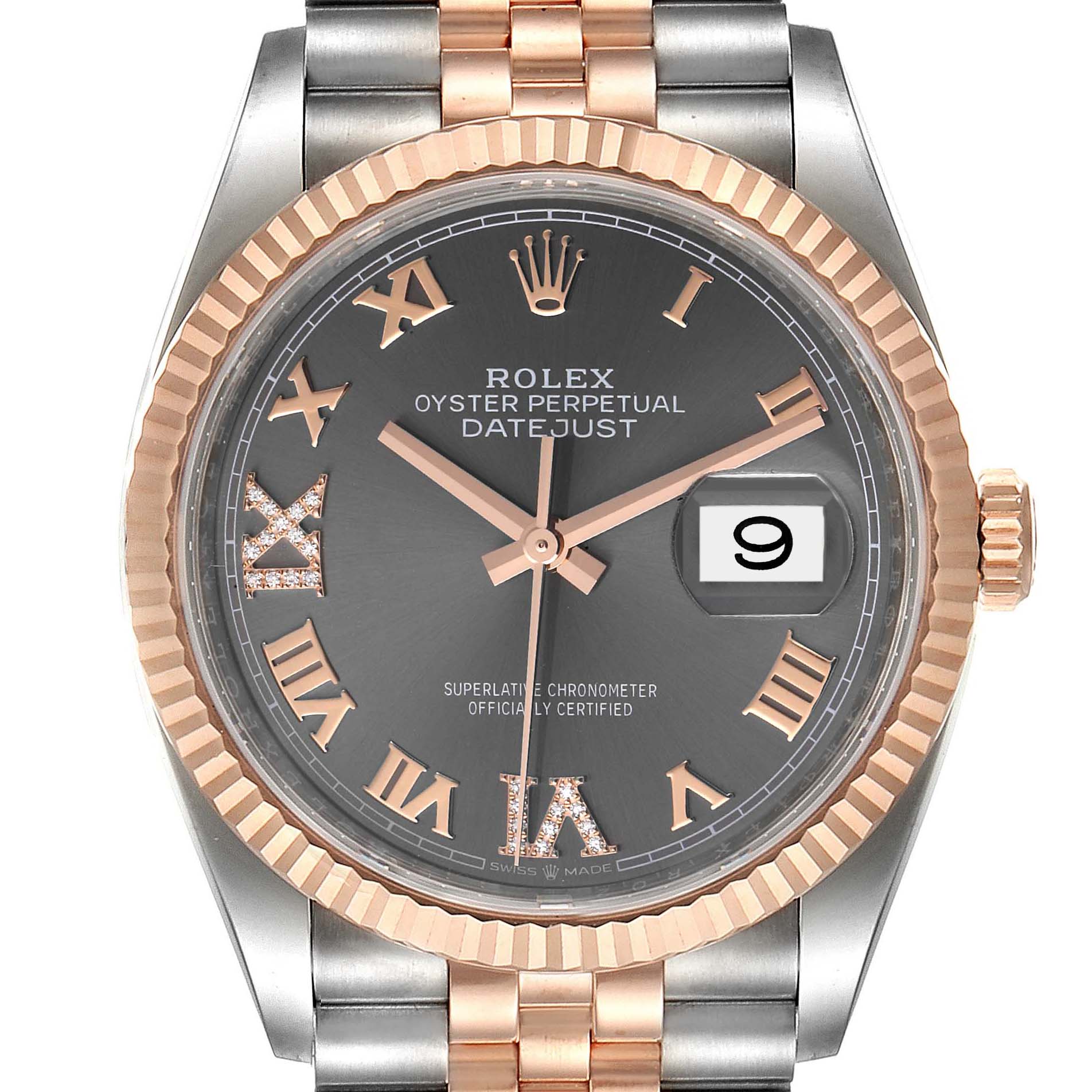 This image displays a Rolex Datejust 126231 Men's Steel and Gold (two tone) Grey Dial 126231 Men's Steel and Gold (two tone) Grey Dial watch from a front angle, showing the dial, bezel, hands, and part of the bracelet.