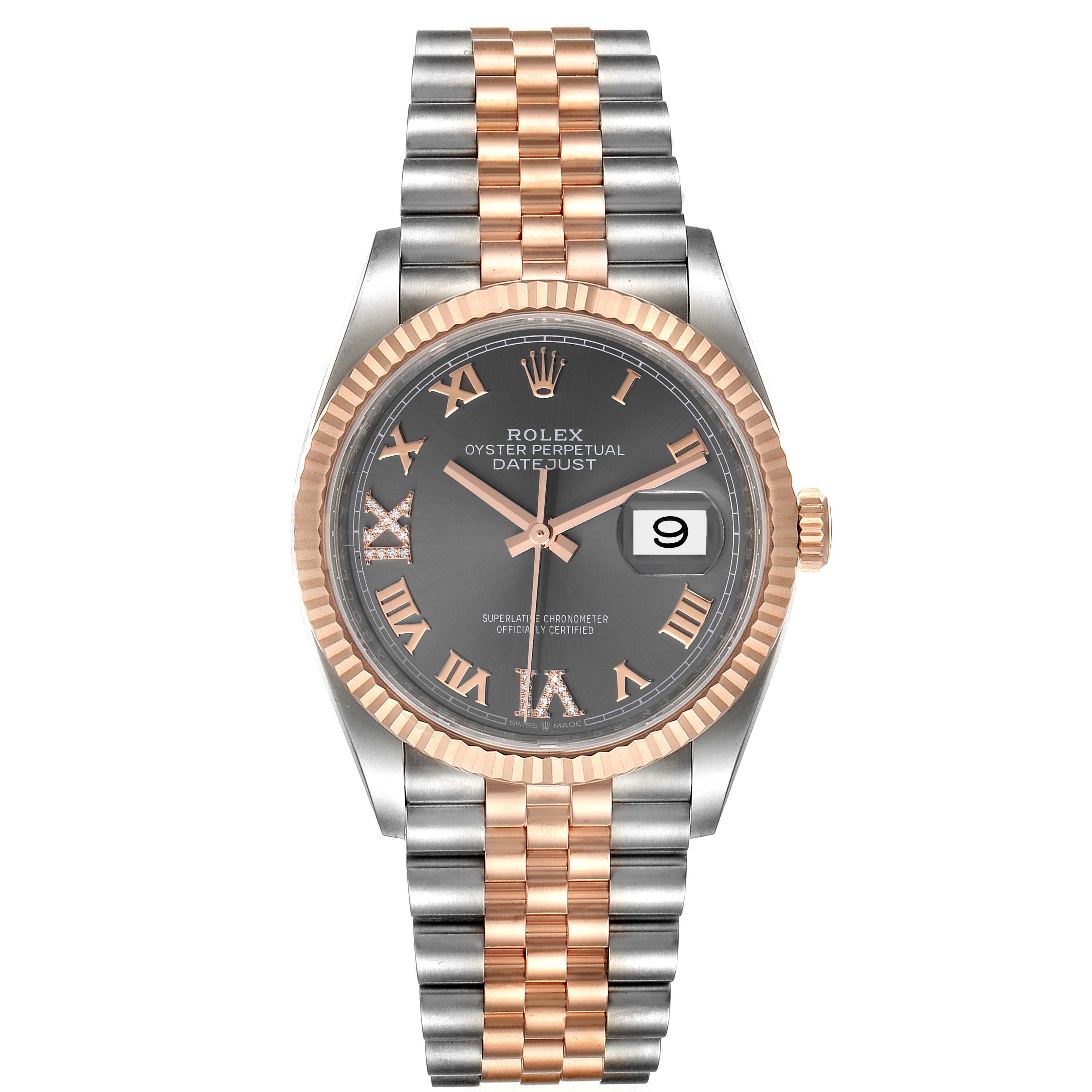 The Rolex Datejust 126231 Men's Steel and Gold (two tone) Grey Dial 126231 Men's Steel and Gold (two tone) Grey Dial watch is shown from the front, including its face, bezel, crown, and bracelet.