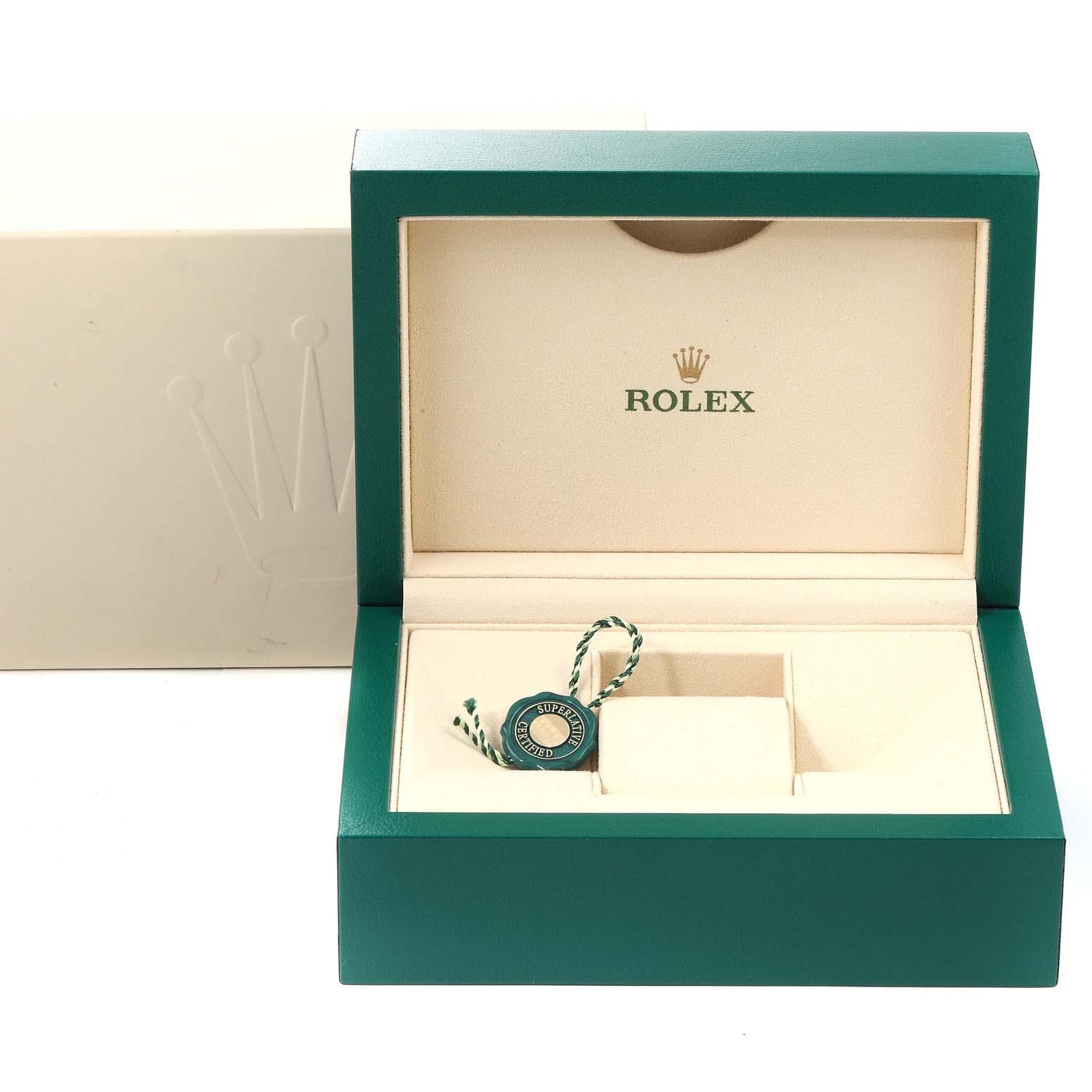 The image shows an open Rolex Datejust 126231 Men's Steel and Gold (two tone) Grey Dial 126231 Men's Steel and Gold (two tone) Grey Dial watch box, displaying its interior and a green tag, with a closed outer box behind it.