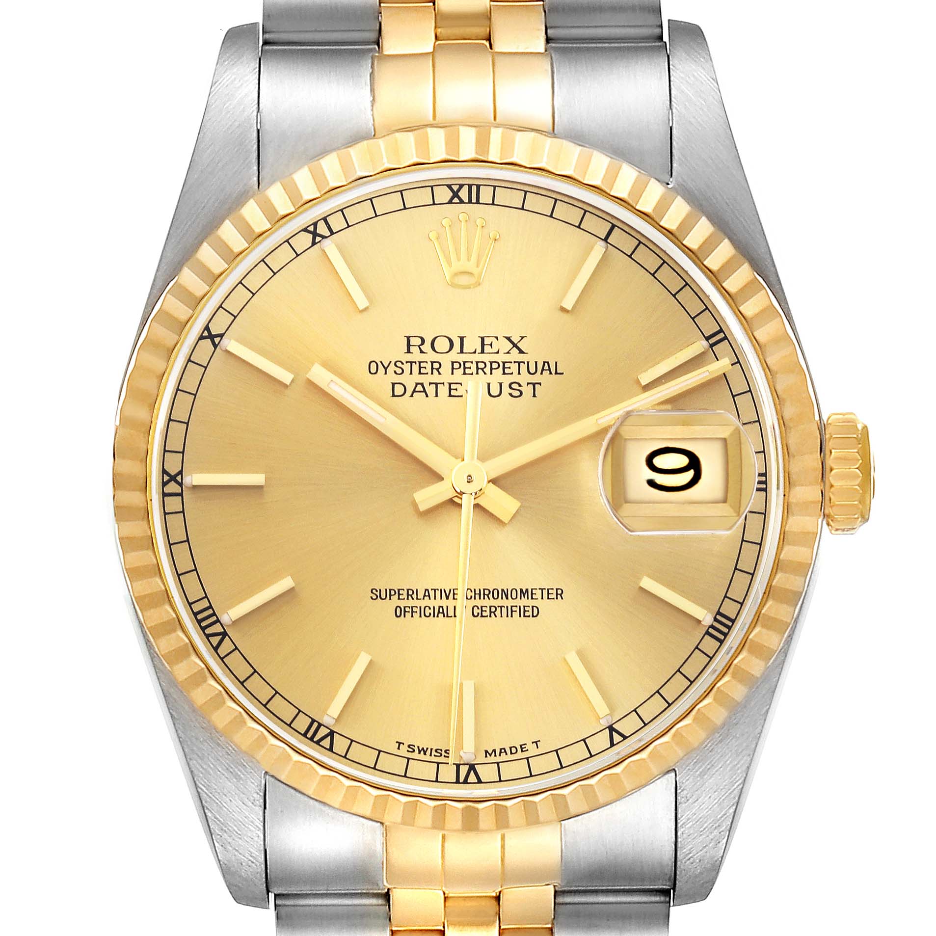 The Rolex Datejust 16233 Men
s Steel and Gold (two tone) Champagne Dial 16233 Men
s Steel and Gold (two tone) Champagne Dial watch is shown from a front angle, displaying the dial, fluted bezel, crown, and part of the bracelet.