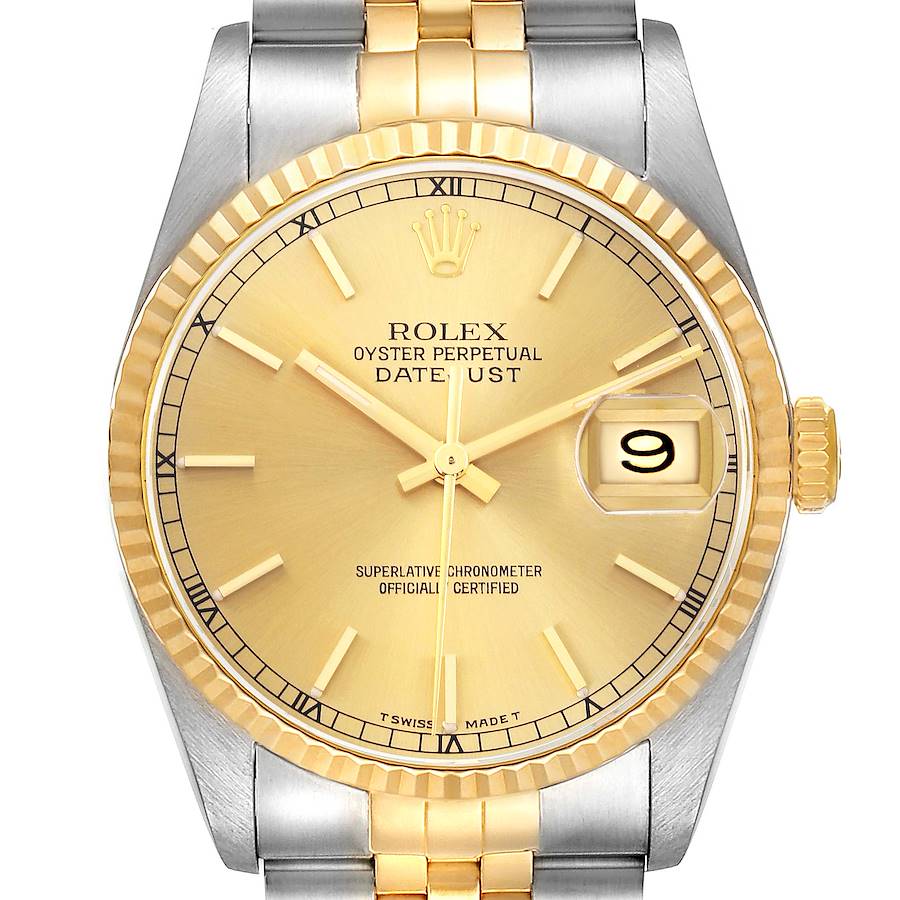 The Rolex Datejust watch is shown from a front angle, displaying the dial, fluted bezel, crown, and part of the bracelet.