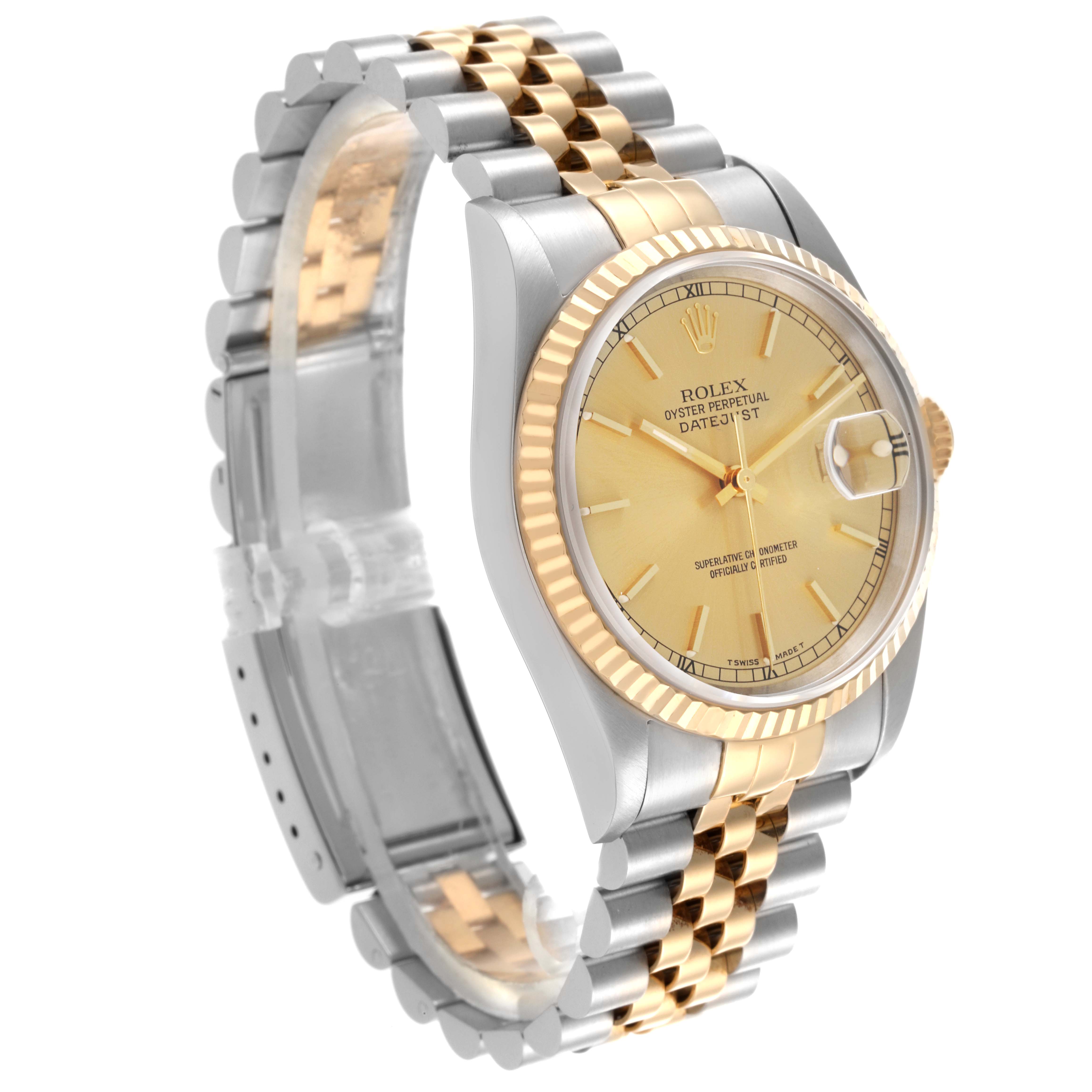 The Rolex Datejust 16233 Men
s Steel and Gold (two tone) Champagne Dial 16233 Men
s Steel and Gold (two tone) Champagne Dial watch is shown at a three-quarter angle, highlighting the dial, bezel, case, and two-tone bracelet.