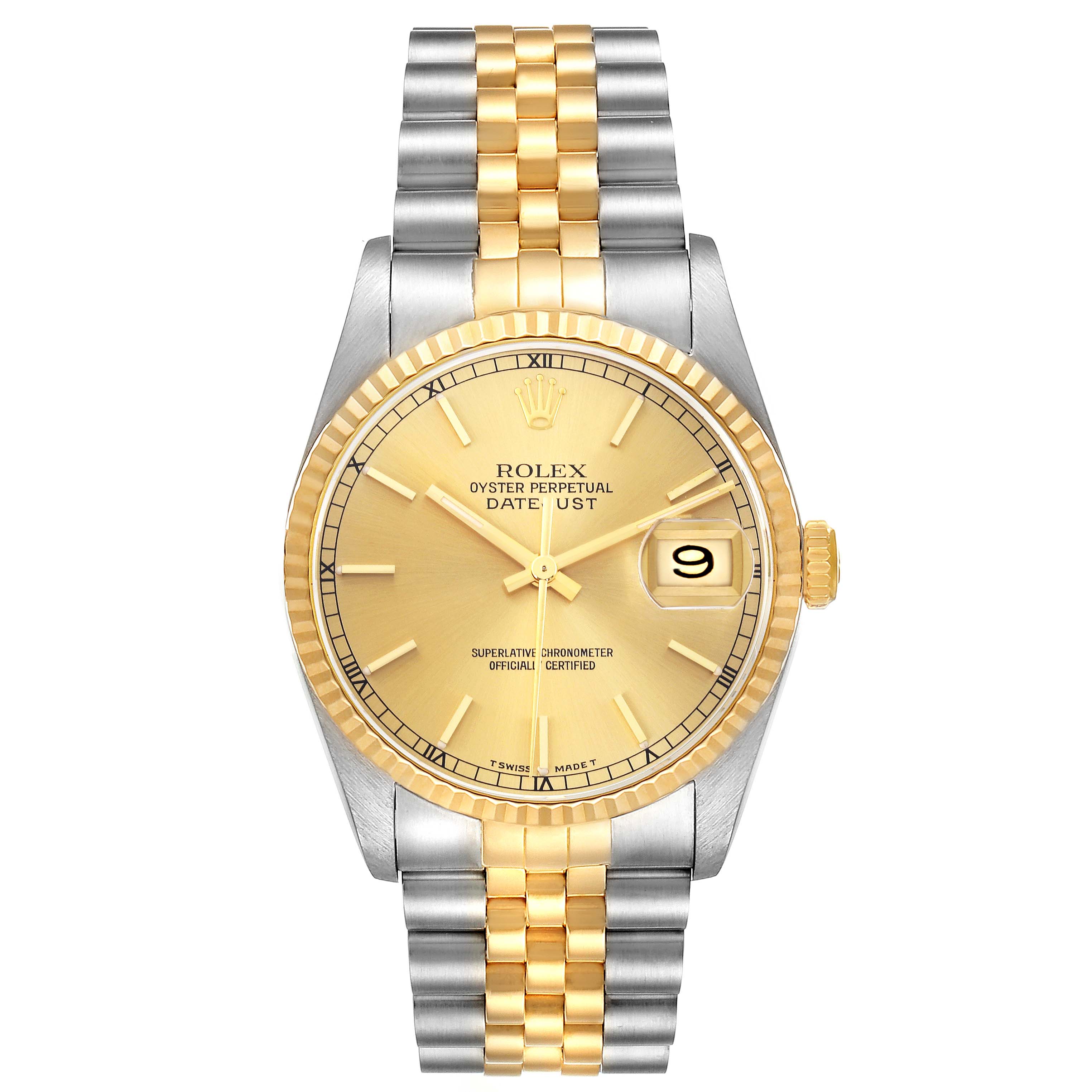 The Rolex Datejust 16233 Men
s Steel and Gold (two tone) Champagne Dial 16233 Men
s Steel and Gold (two tone) Champagne Dial watch is shown from a front angle, highlighting the dial, bezel, and two-tone bracelet.