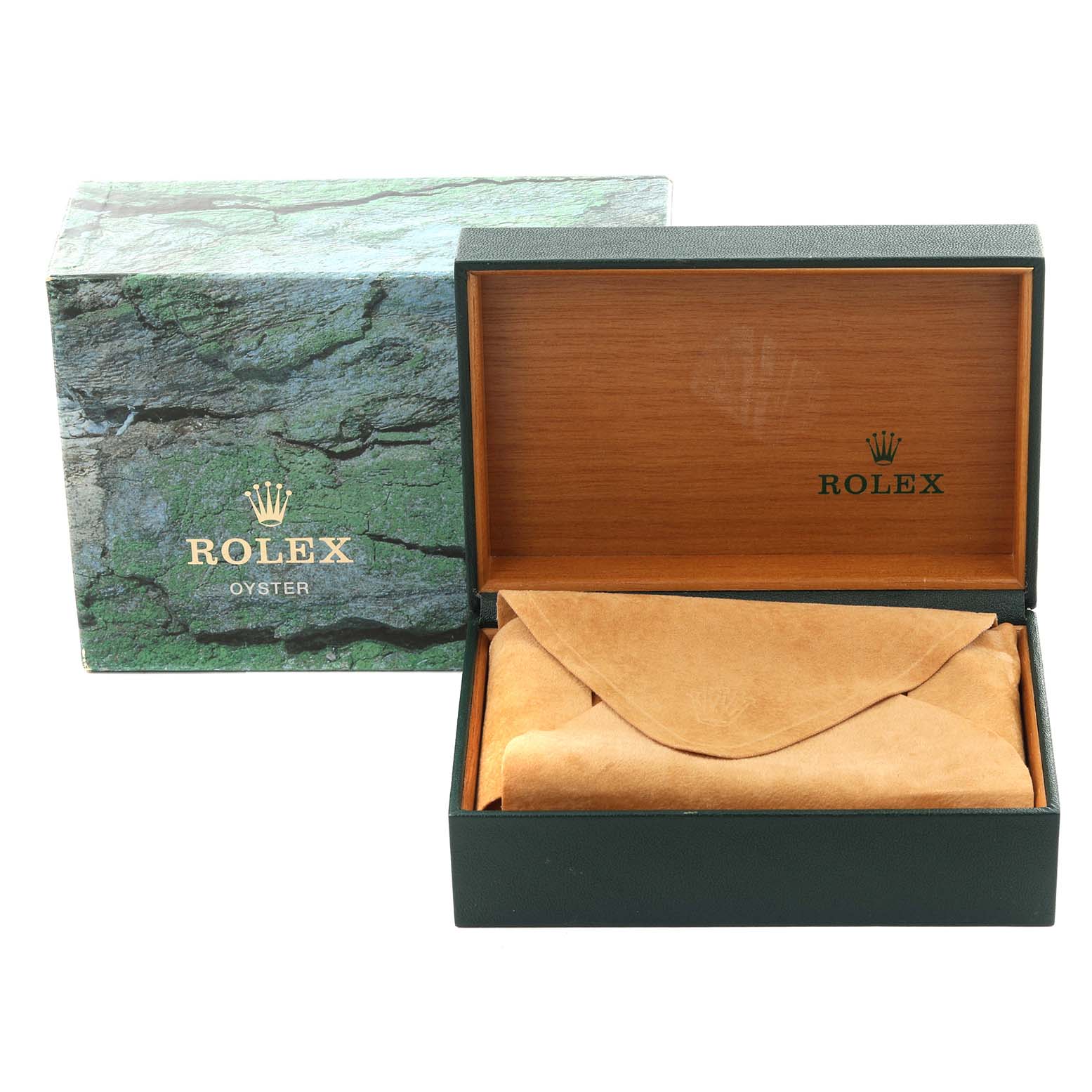 The image shows a Rolex Datejust 16233 Men
s Steel and Gold (two tone) Champagne Dial 16233 Men
s Steel and Gold (two tone) Champagne Dial box and packaging, including the outer and inner boxes and a suede pouch.