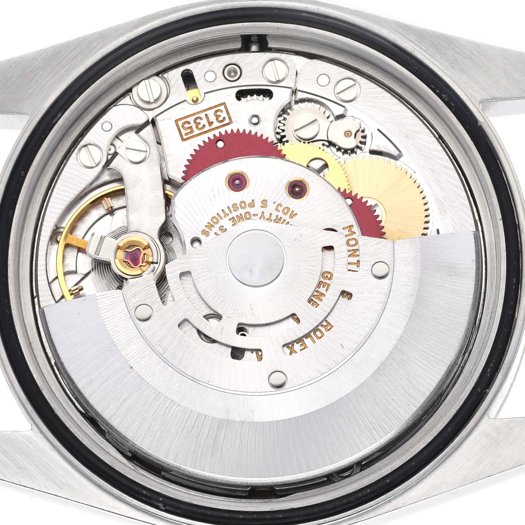 The image shows the internal movement components of a Rolex Datejust 16233 Men
s Steel and Gold (two tone) Champagne Dial 16233 Men
s Steel and Gold (two tone) Champagne Dial watch from a rear angle.