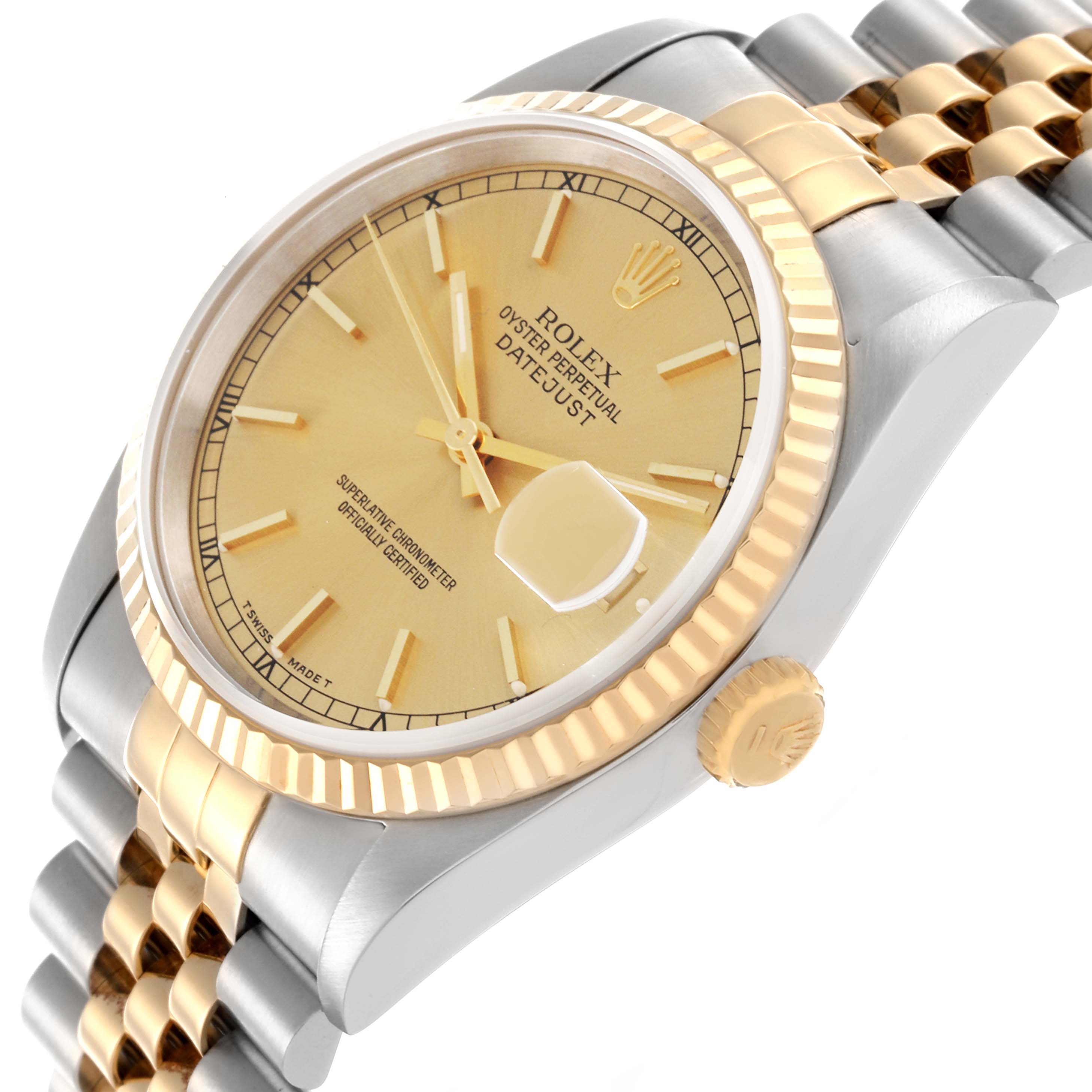 The Rolex Datejust 16233 Men
s Steel and Gold (two tone) Champagne Dial 16233 Men
s Steel and Gold (two tone) Champagne Dial watch is shown at an angled side view highlighting the bezel, crown, and bracelet links.