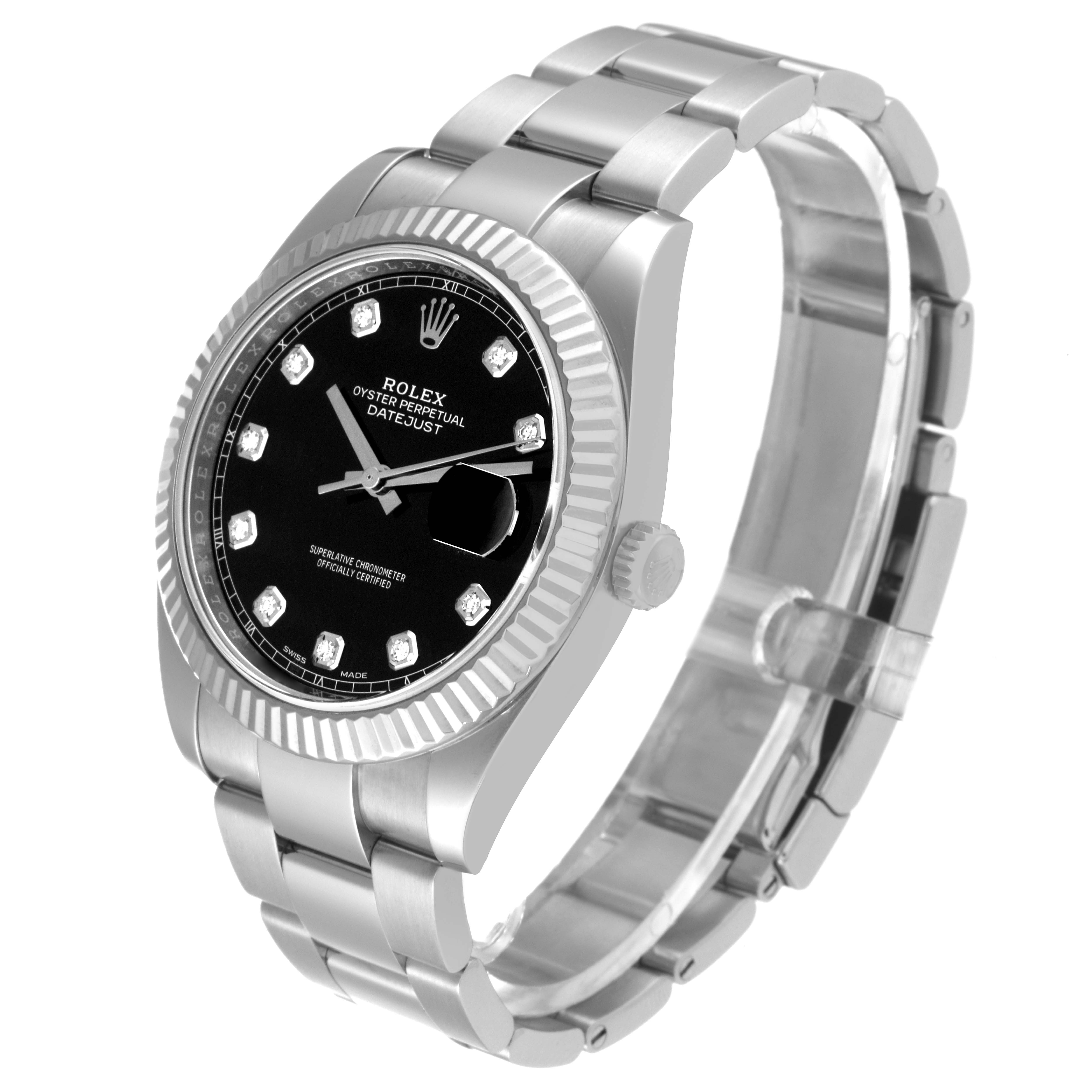 This image shows a Rolex Datejust 41 126334 Men
s Stainless Steel Black Dial 126334 Men
s Stainless Steel Black Dial watch at an angle that highlights the face, fluted bezel, and part of the bracelet.