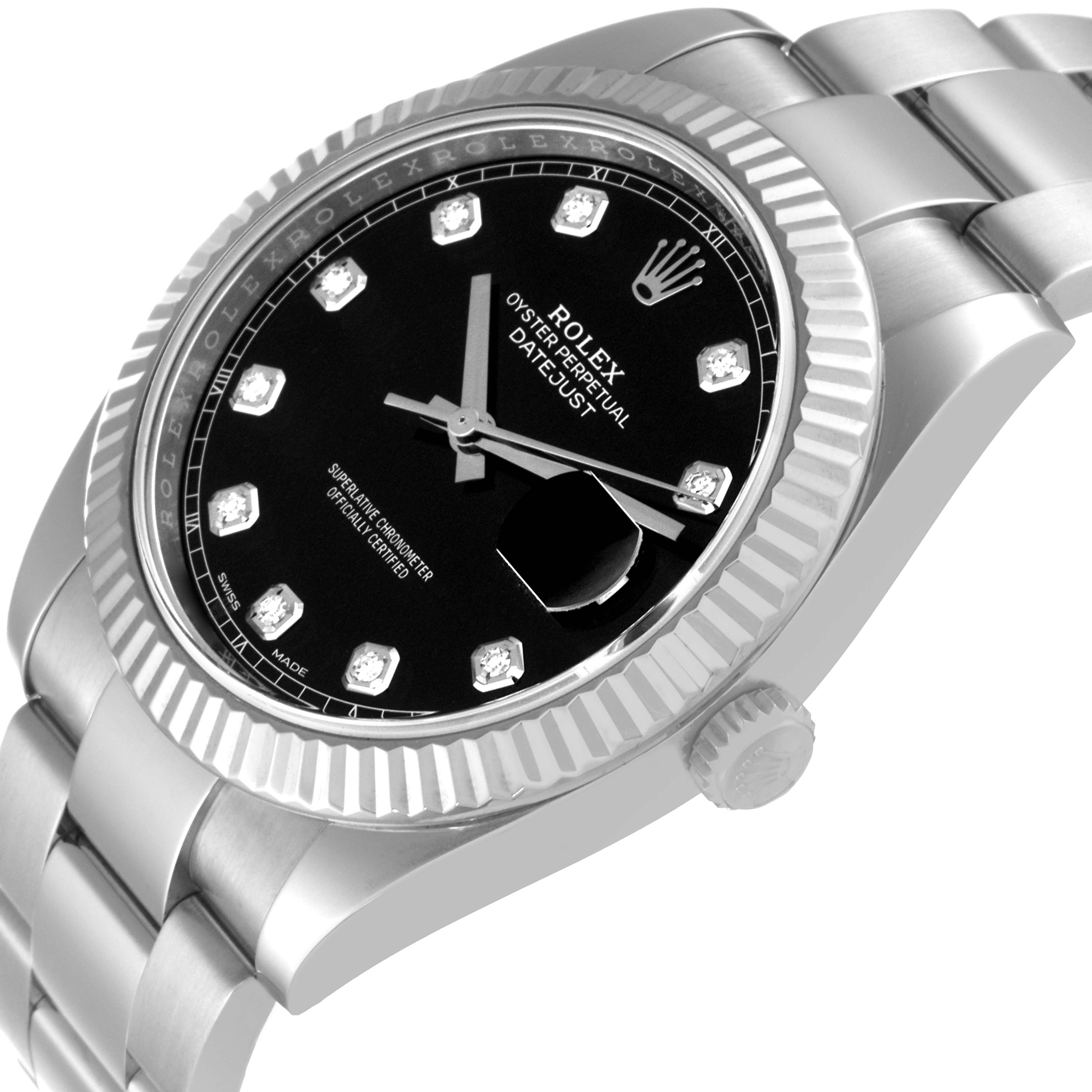 The image shows a side angle of the Rolex Datejust 41 126334 Men
s Stainless Steel Black Dial 126334 Men
s Stainless Steel Black Dial watch, highlighting the black dial, fluted bezel, and part of the bracelet.