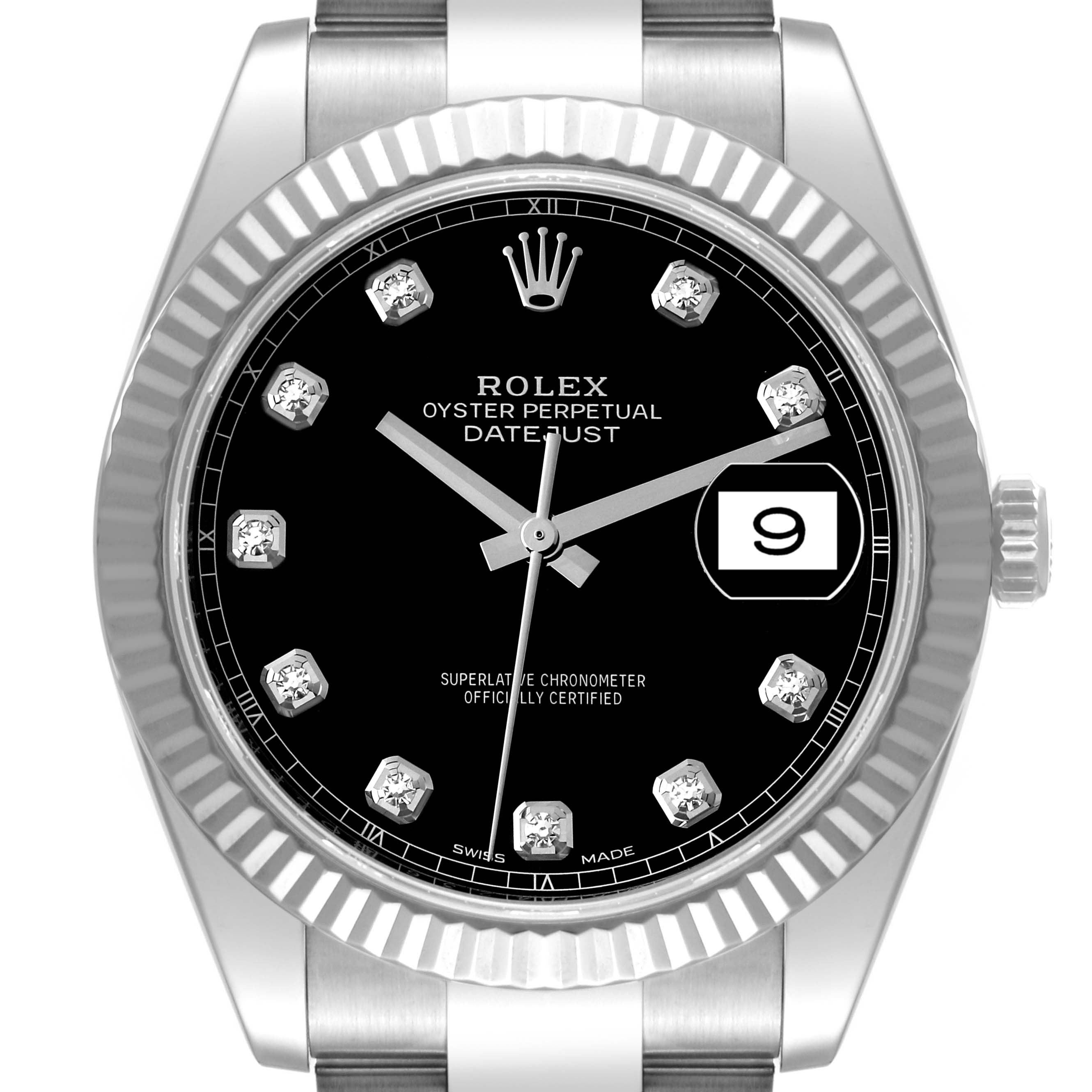 The image shows a front view of a Rolex Datejust 41 126334 Men
s Stainless Steel Black Dial 126334 Men
s Stainless Steel Black Dial watch, highlighting its fluted bezel, black dial, diamond hour markers, and date window.