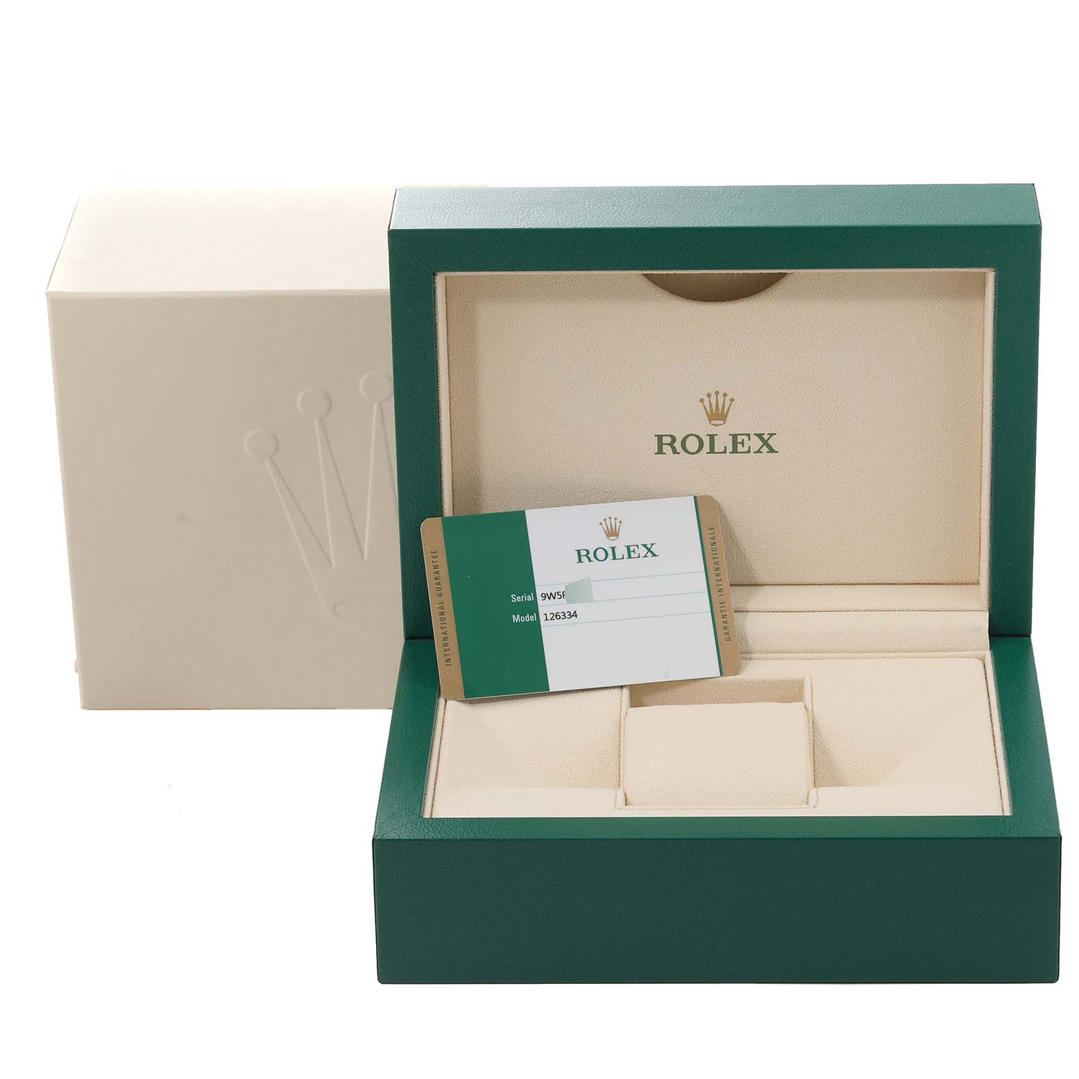 The image shows a Rolex Datejust 41 126334 Men
s Stainless Steel Black Dial 126334 Men
s Stainless Steel Black Dial watch box and warranty card, with the box open and the card placed inside.