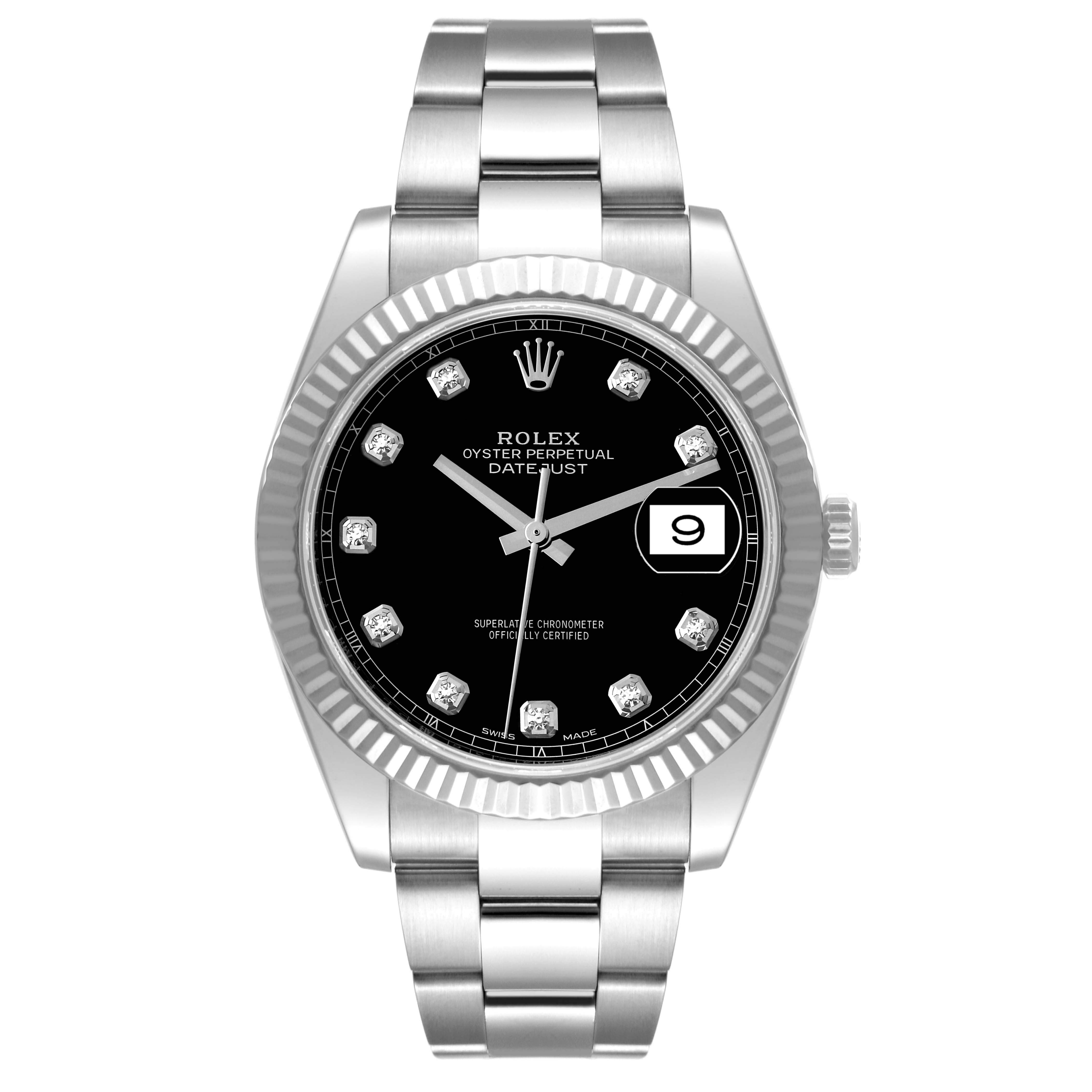 This image shows a front view of a Rolex Datejust 41 126334 Men
s Stainless Steel Black Dial 126334 Men
s Stainless Steel Black Dial with a black dial and silver bracelet.