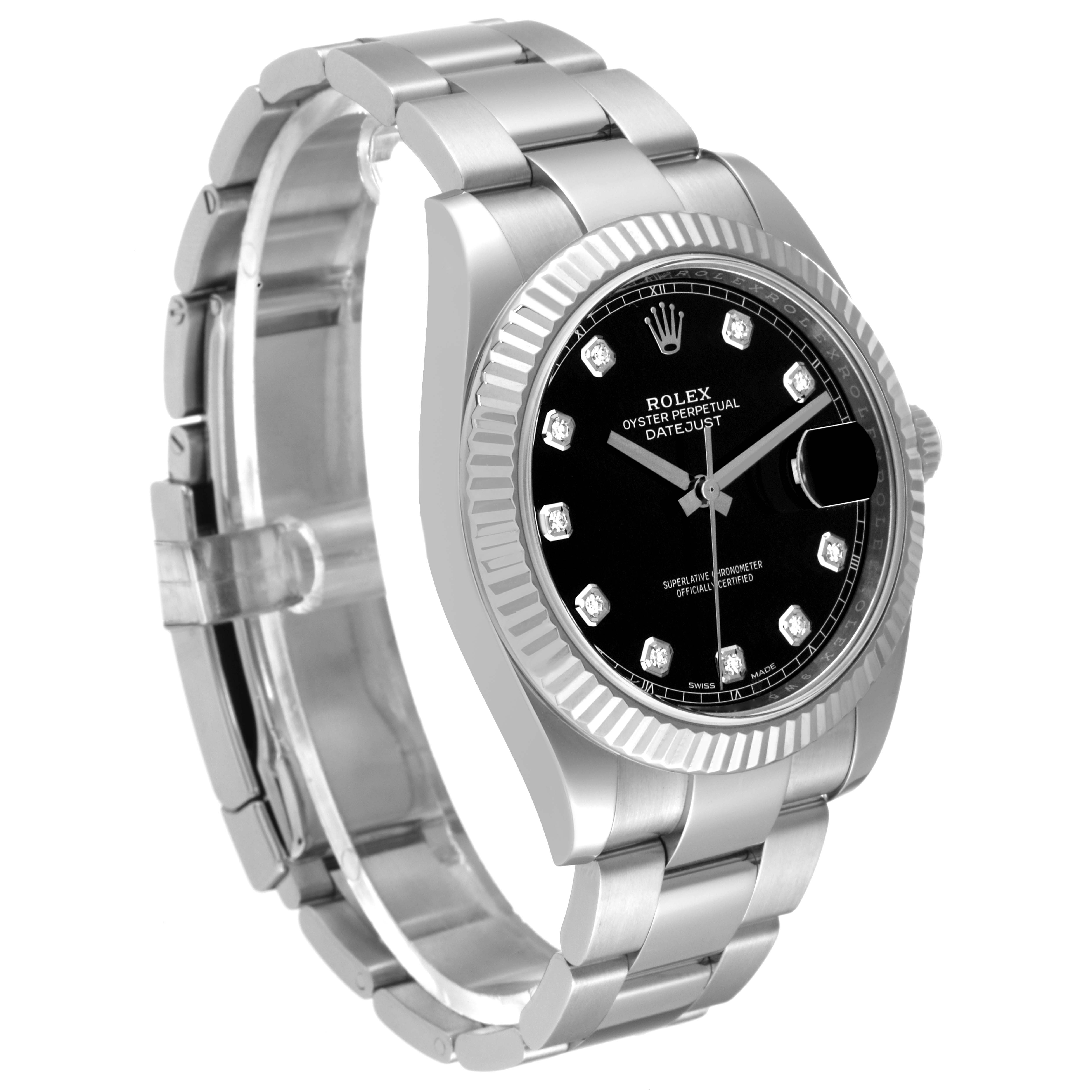 This image shows a Rolex Datejust 41 126334 Men
s Stainless Steel Black Dial 126334 Men
s Stainless Steel Black Dial watch from a front-side angle, displaying its face, bezel, and partial bracelet.