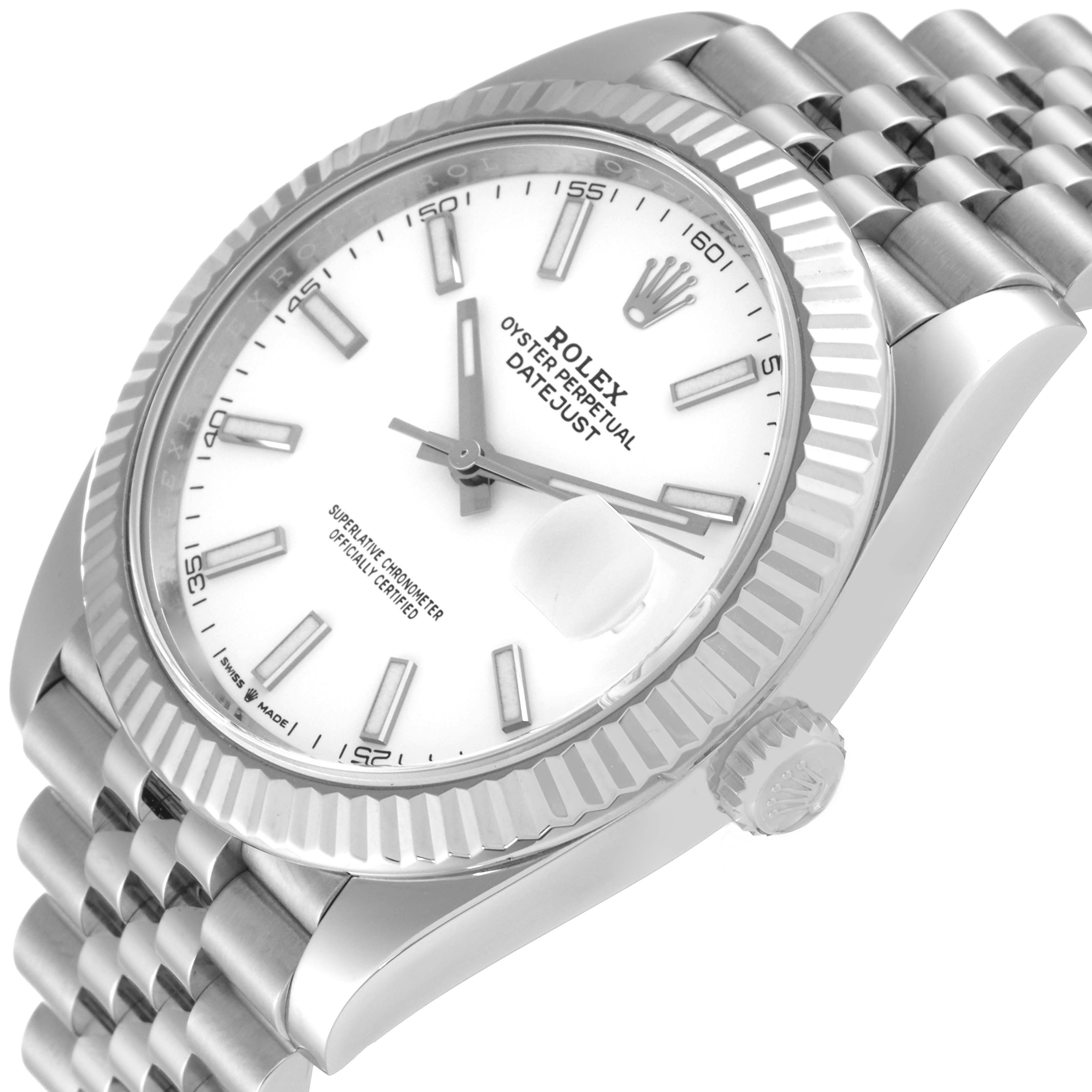 The image shows a close-up, angled view of the Rolex Datejust 41 126334 Men's Stainless Steel White Dial 126334 Men's Stainless Steel White Dial, displaying the dial, fluted bezel, and part of the bracelet.