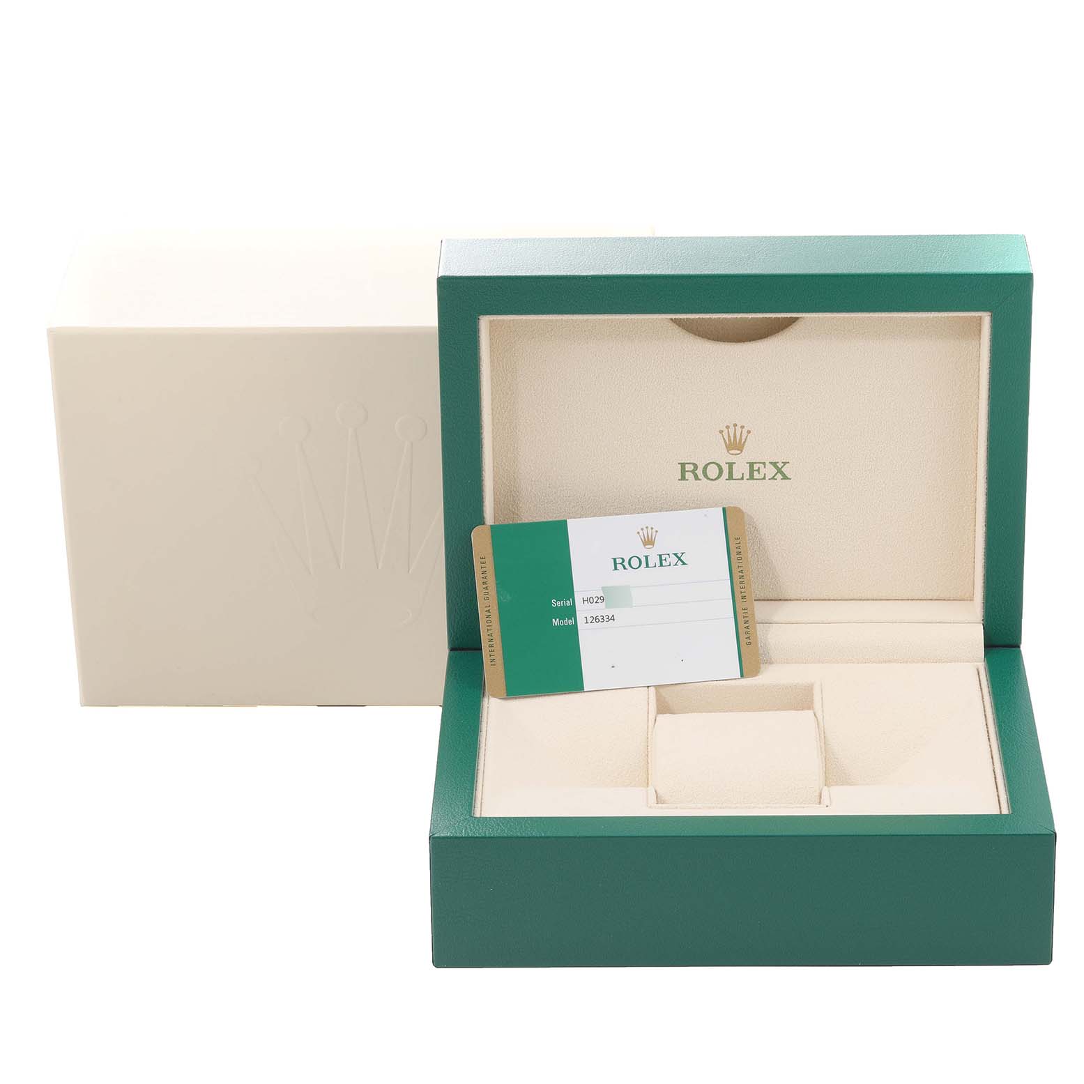 The image shows a Rolex Datejust 41 126334 Men's Stainless Steel White Dial 126334 Men's Stainless Steel White Dial watch box, open to display the interior and an authenticity card.