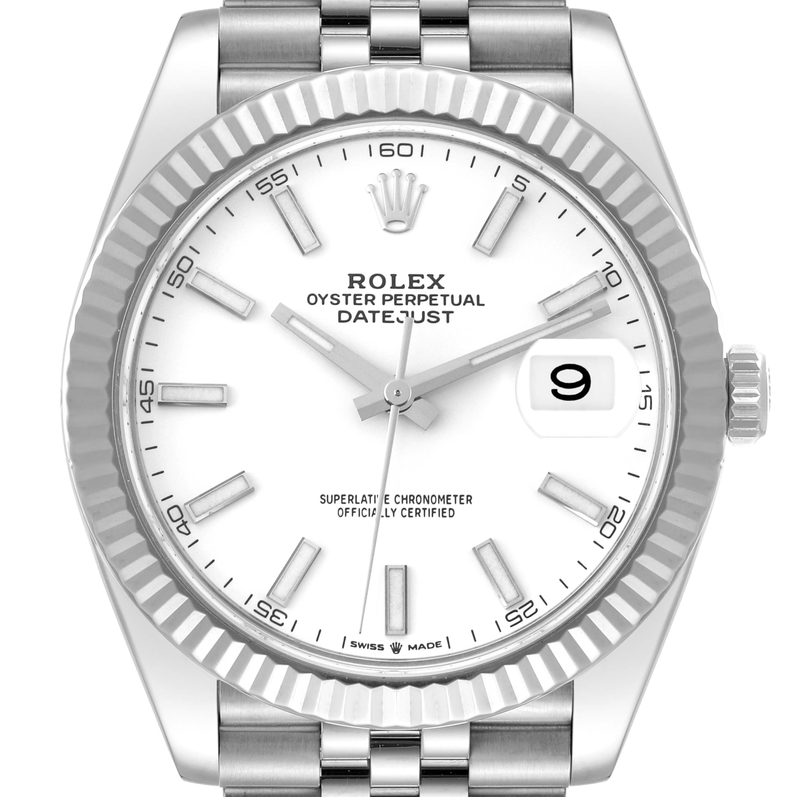 The image shows a front view of the Rolex Datejust 41 126334 Men's Stainless Steel White Dial 126334 Men's Stainless Steel White Dial watch, highlighting the dial, hands, bezel, and part of the bracelet.