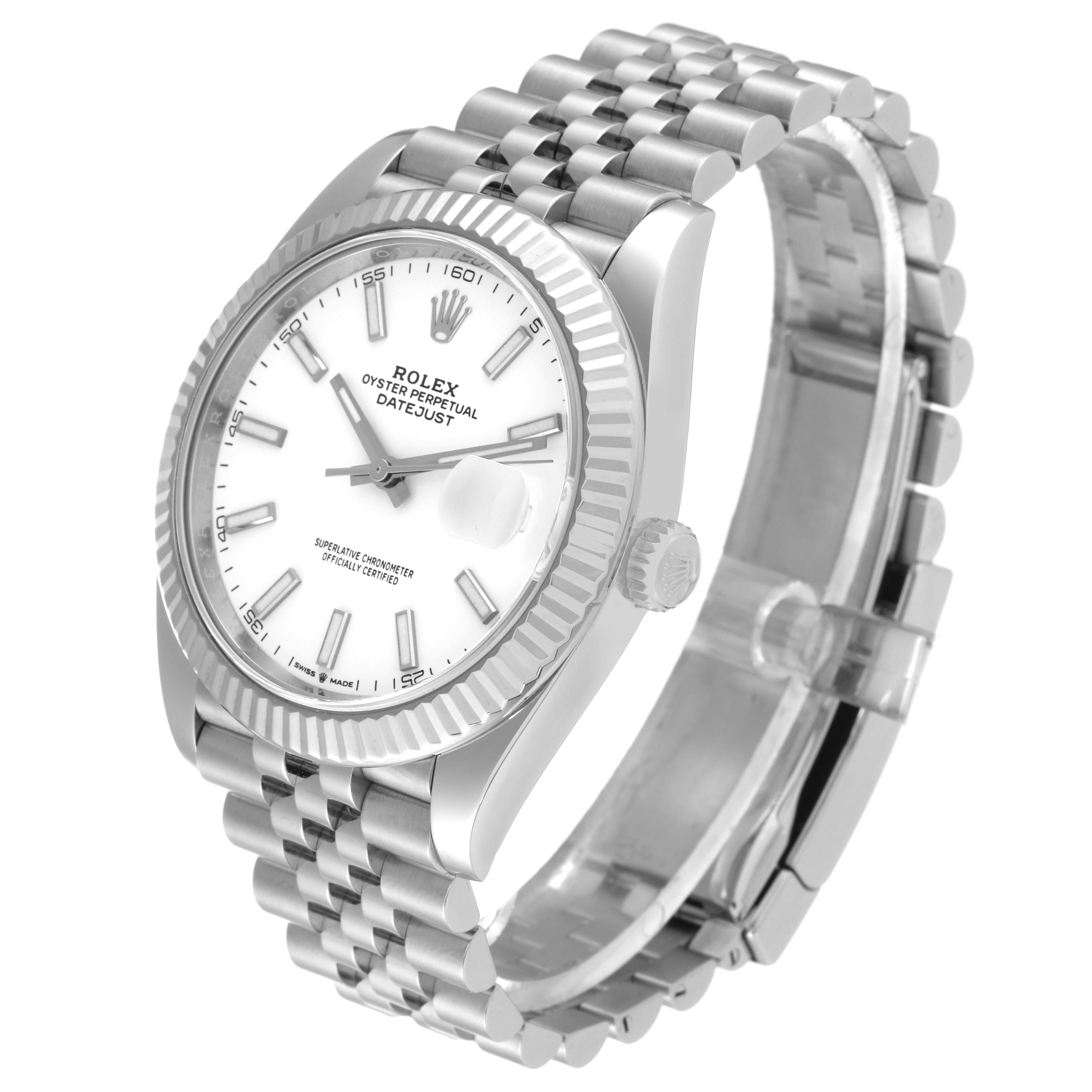 The image shows a Rolex Datejust 41 126334 Men's Stainless Steel White Dial 126334 Men's Stainless Steel White Dial model from a front-right angle, displaying the dial, fluted bezel, and bracelet.