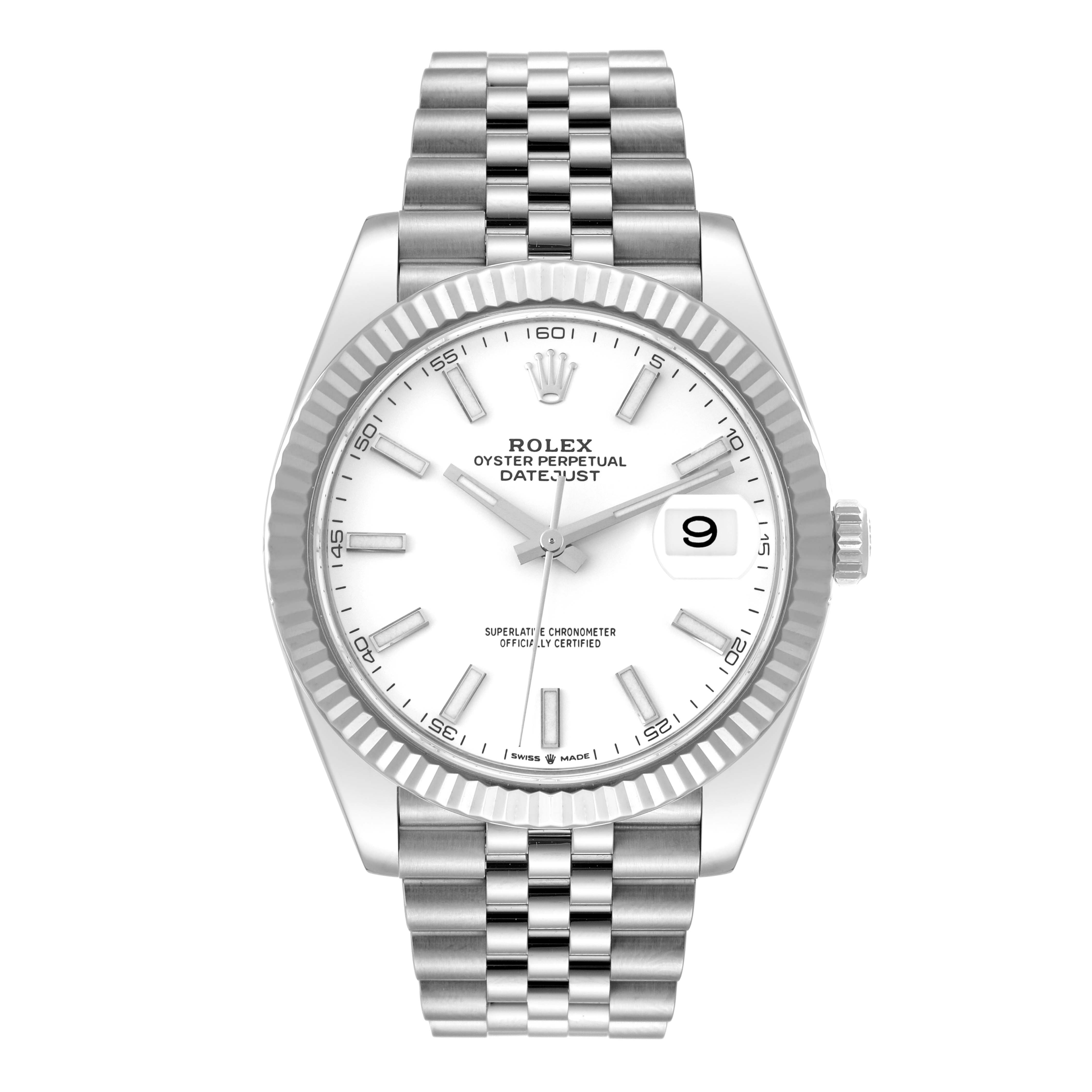 The image shows a front view of the Rolex Datejust 41 126334 Men's Stainless Steel White Dial 126334 Men's Stainless Steel White Dial watch, highlighting the dial, bezel, crown, and bracelet.