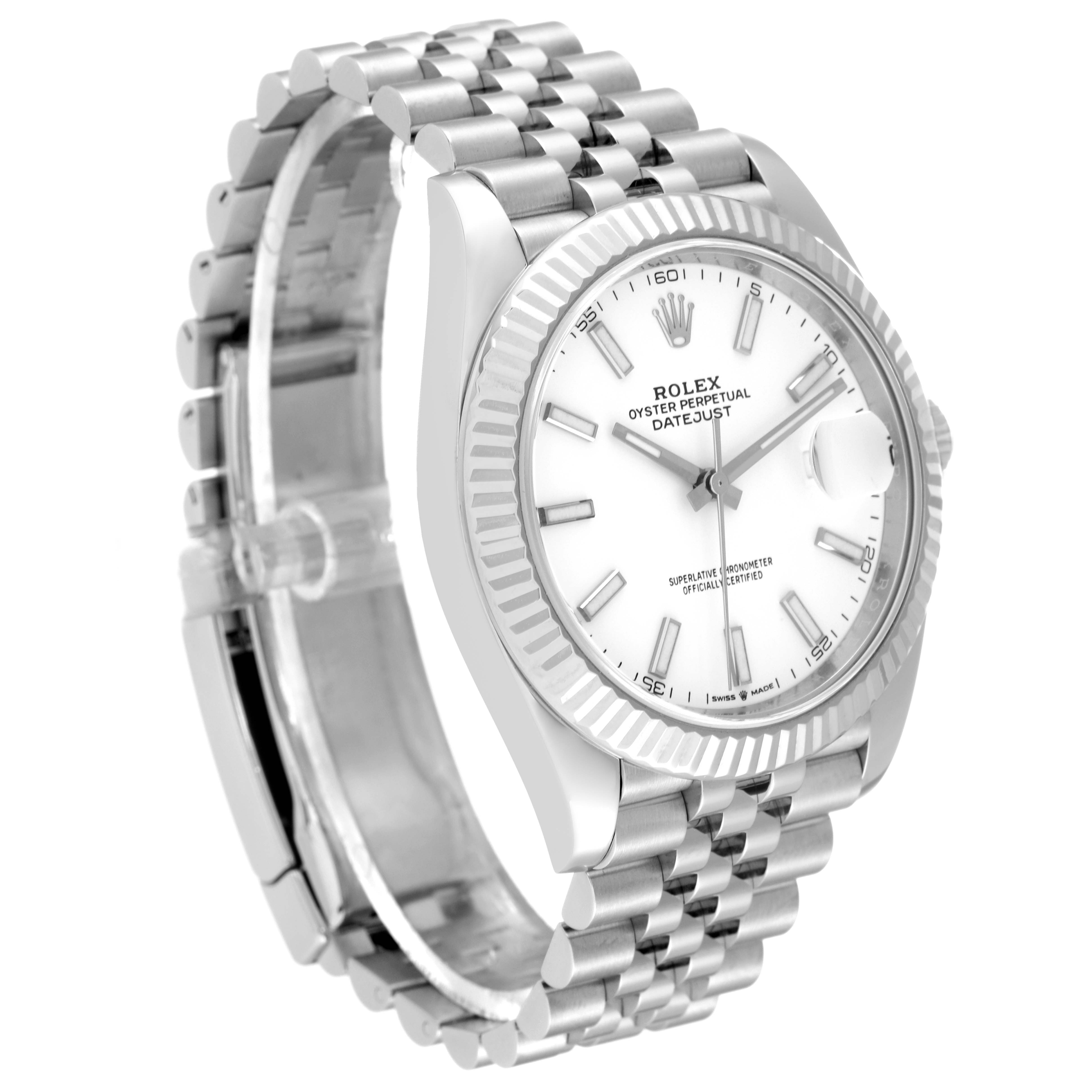 The Rolex Datejust 41 126334 Men's Stainless Steel White Dial 126334 Men's Stainless Steel White Dial is shown at a three-quarter angle, highlighting its white dial, fluted bezel, and Jubilee bracelet.