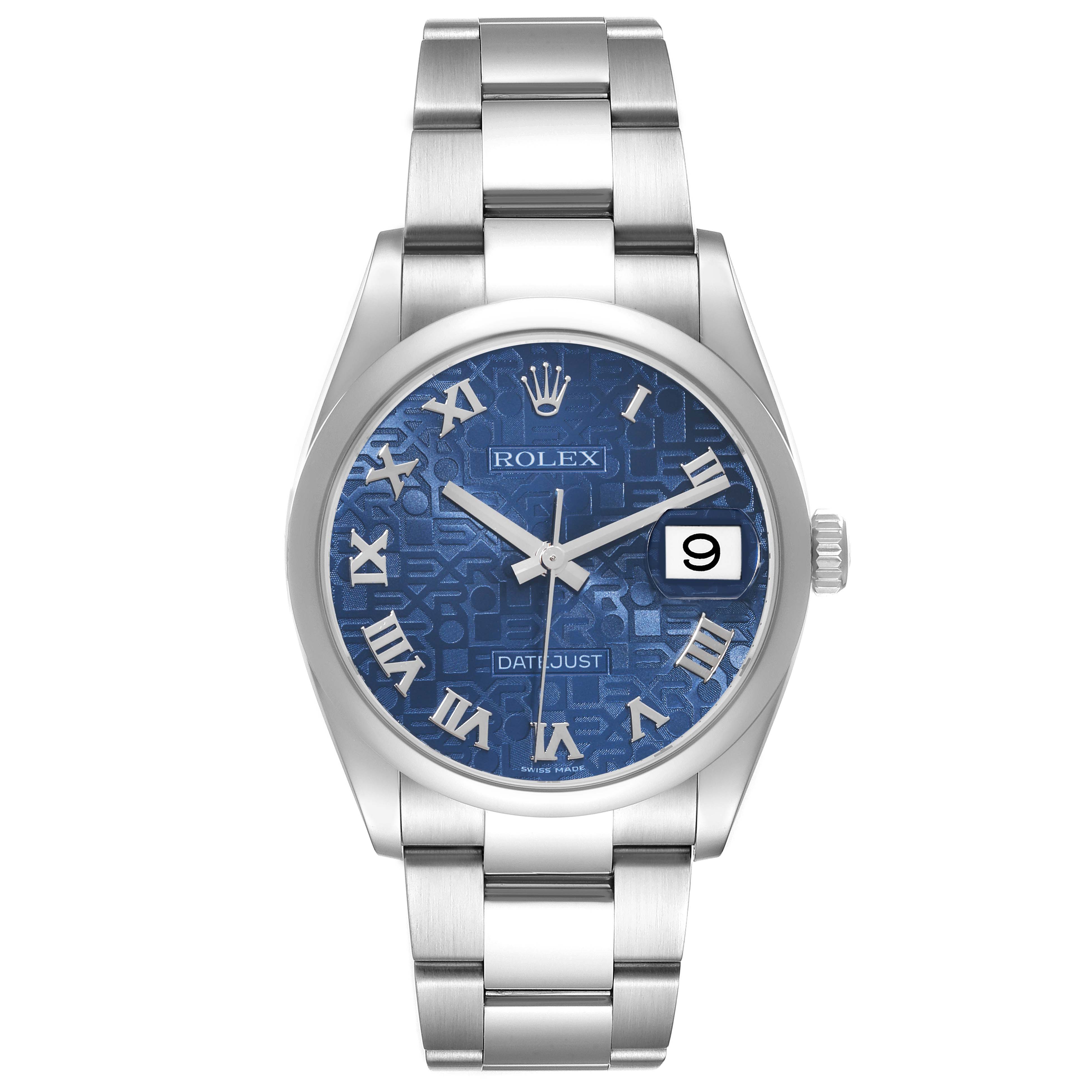 The image shows a Rolex Datejust 116200 Men's Stainless Steel Blue Dial 116200 Men's Stainless Steel Blue Dial watch from a front view, featuring a blue dial, Roman numerals, and a date display.