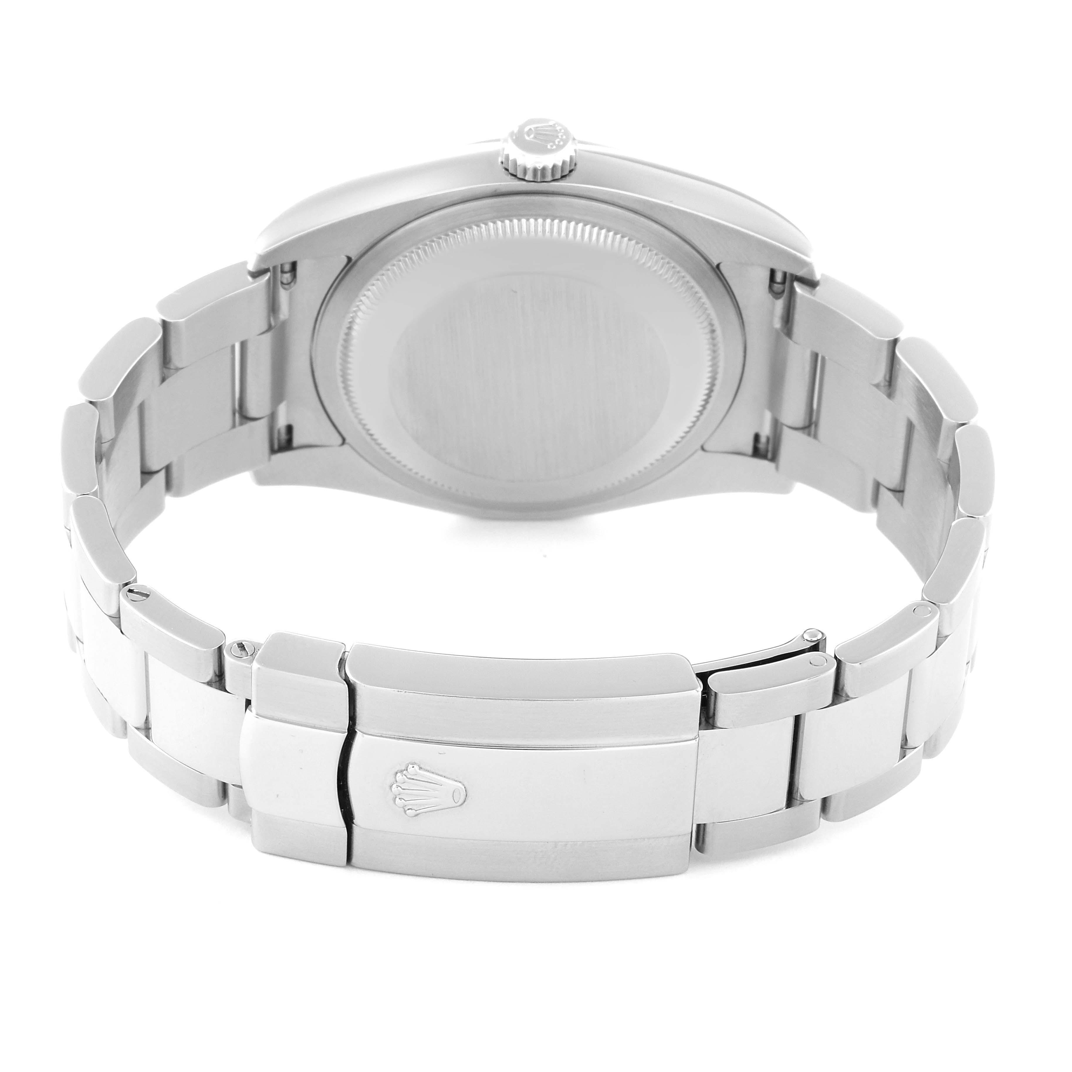 The image shows the back view of the Rolex Datejust 116200 Men's Stainless Steel Blue Dial 116200 Men's Stainless Steel Blue Dial watch, displaying the case back, crown, and the bracelet with the clasp.