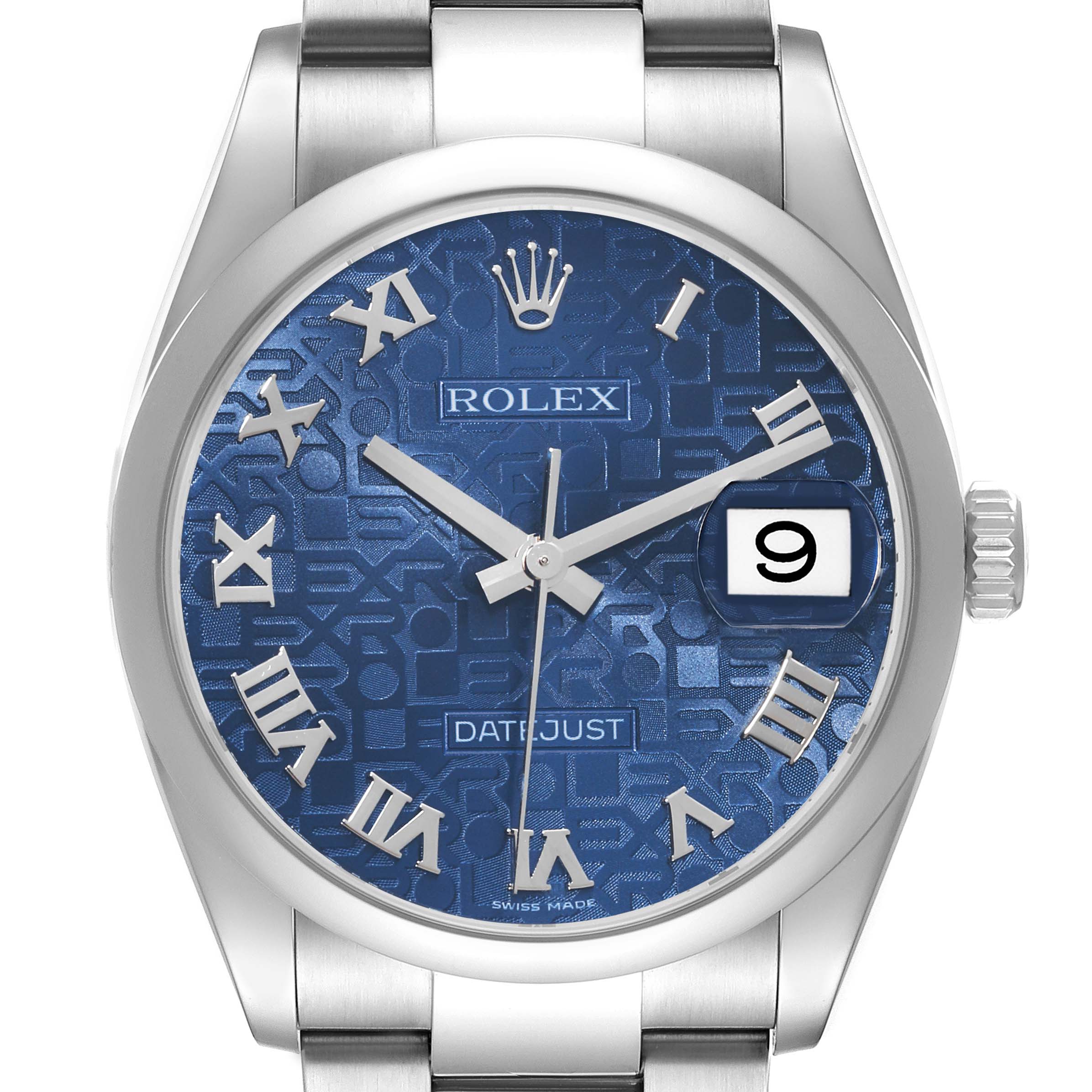 The image shows a front view of the Rolex Datejust 116200 Men's Stainless Steel Blue Dial 116200 Men's Stainless Steel Blue Dial watch, highlighting the dial, Roman numerals, hands, and date display.
