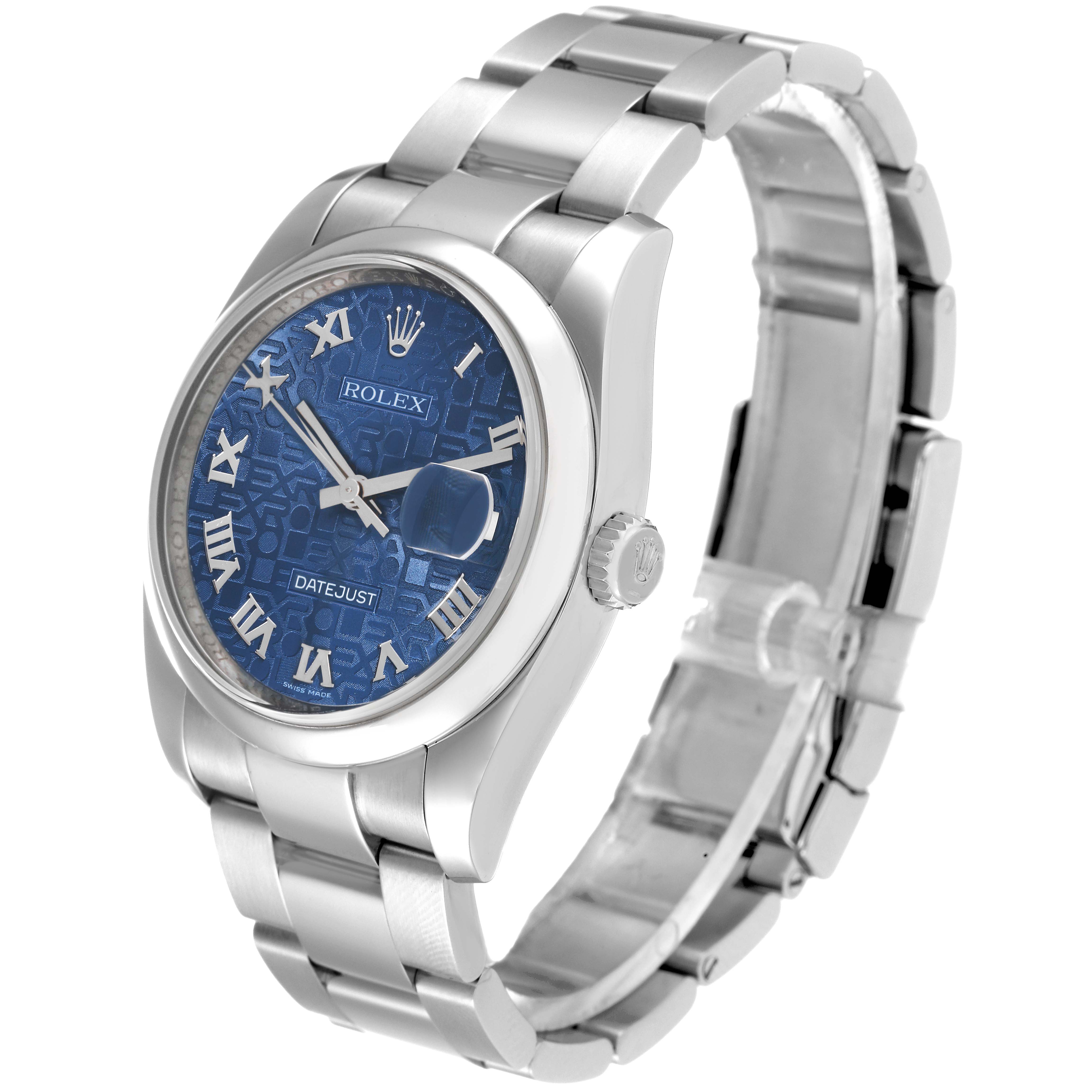 The image shows a Rolex Datejust 116200 Men's Stainless Steel Blue Dial 116200 Men's Stainless Steel Blue Dial watch from a three-quarter angle, displaying the face, bezel, crown, and part of the bracelet.