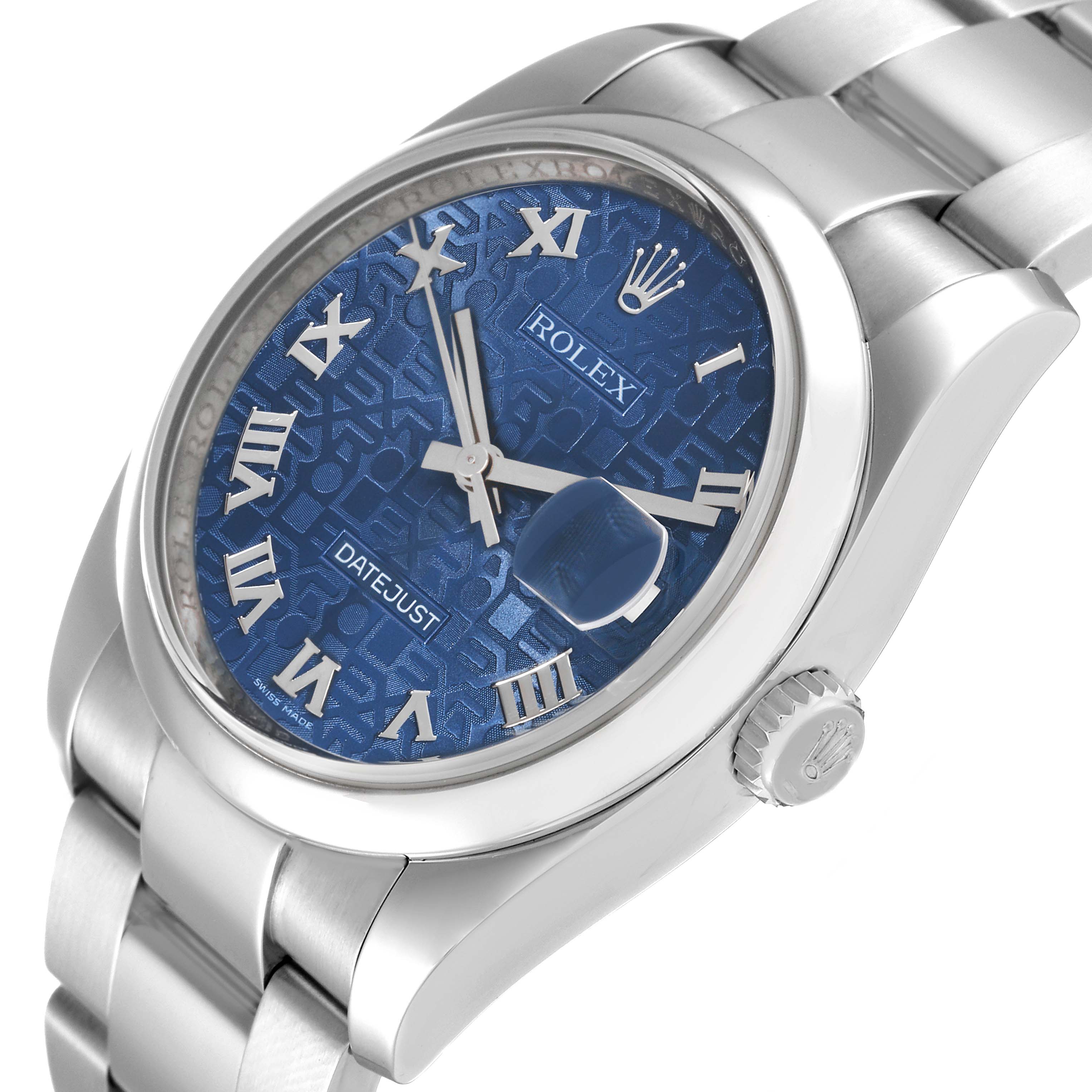 The image shows an angled view of a Rolex Datejust 116200 Men's Stainless Steel Blue Dial 116200 Men's Stainless Steel Blue Dial watch, displaying its blue dial, Roman numerals, crown, and part of the bracelet.