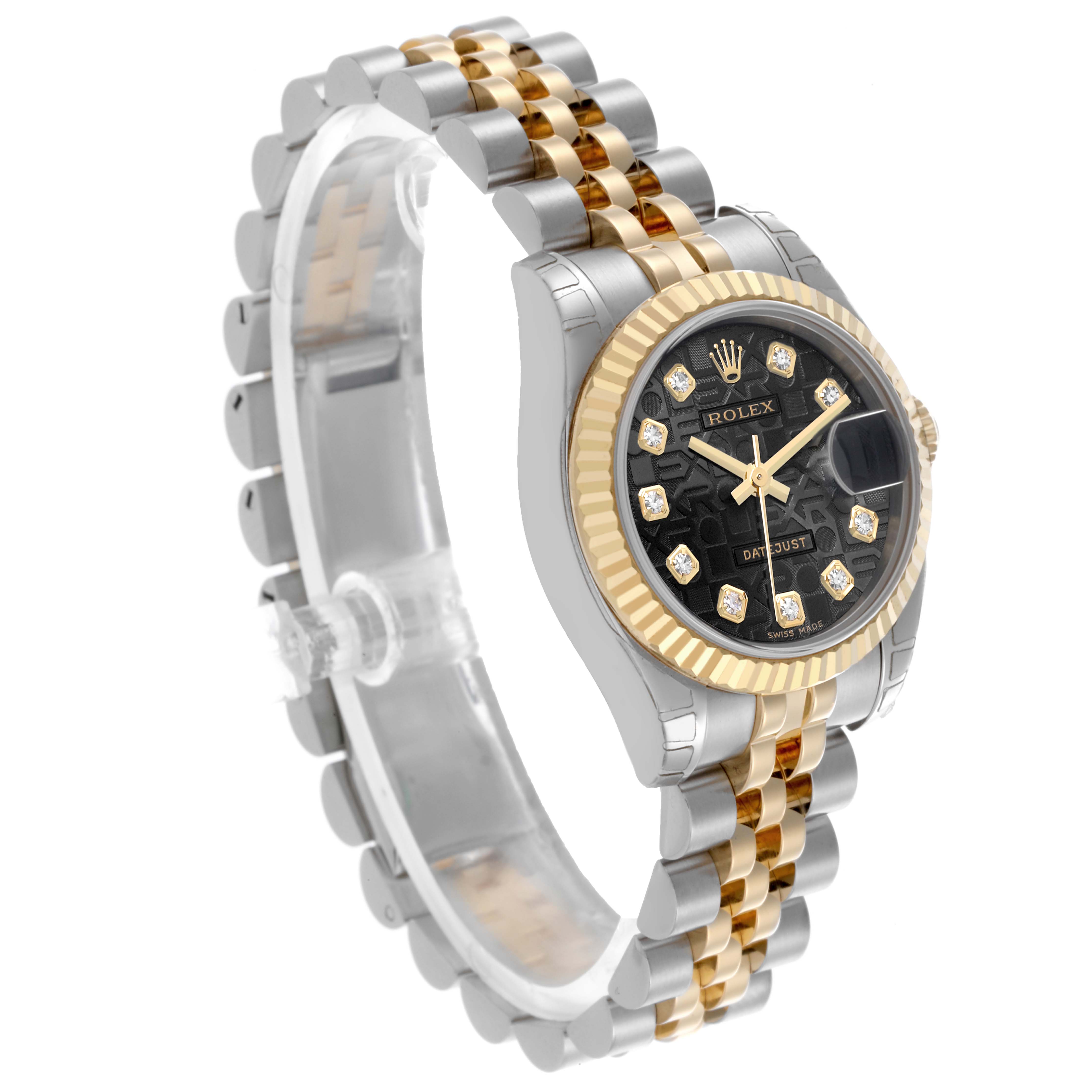 The Rolex Datejust 179173 Women's Steel and Gold (two tone) Black Dial 179173 Women's Steel and Gold (two tone) Black Dial watch is shown at a three-quarter angle, highlighting the face, bracelet, and fluted bezel.