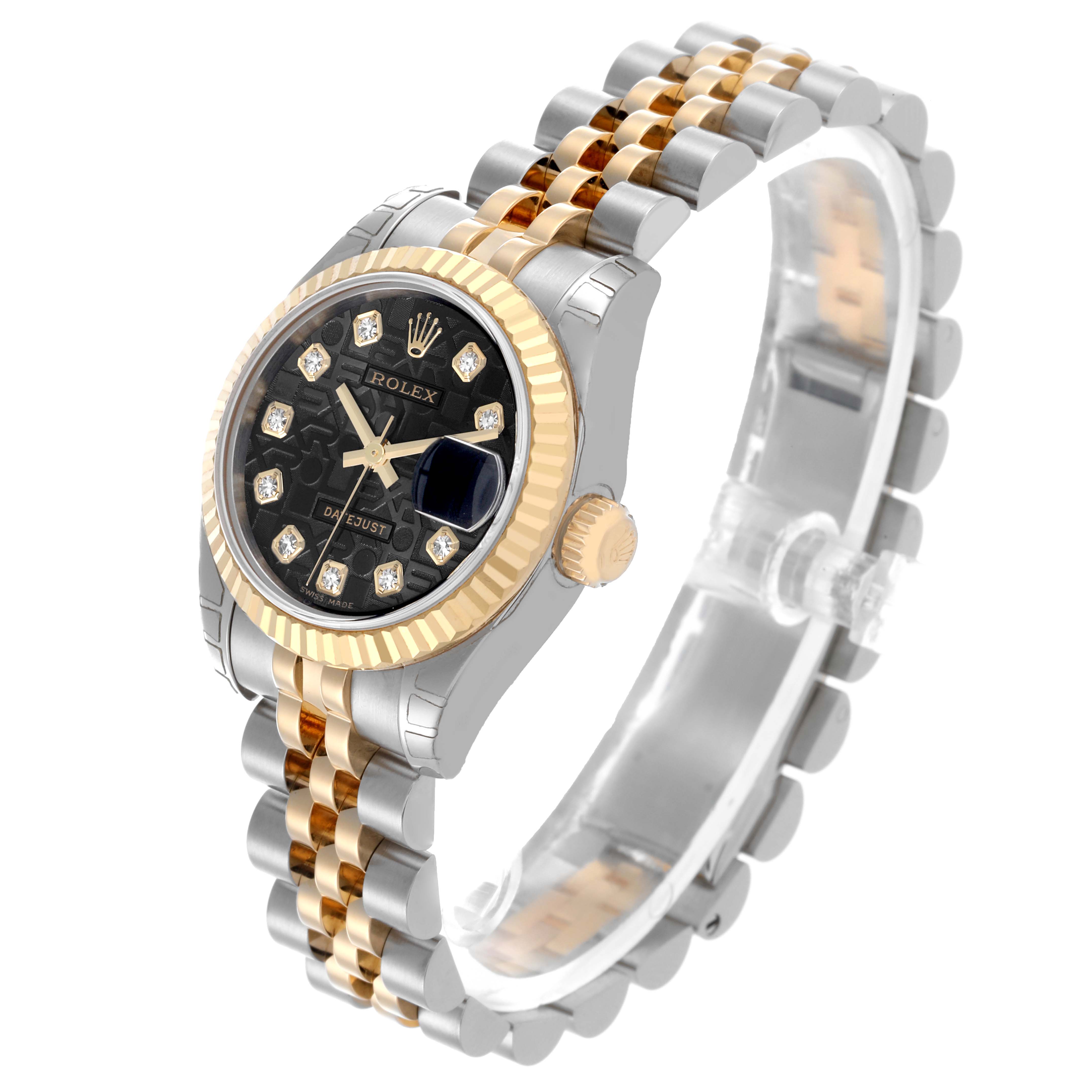 The Rolex Datejust 179173 Women's Steel and Gold (two tone) Black Dial 179173 Women's Steel and Gold (two tone) Black Dial watch is shown at a three-quarter angle, displaying the bracelet, crown, and partially the dial.