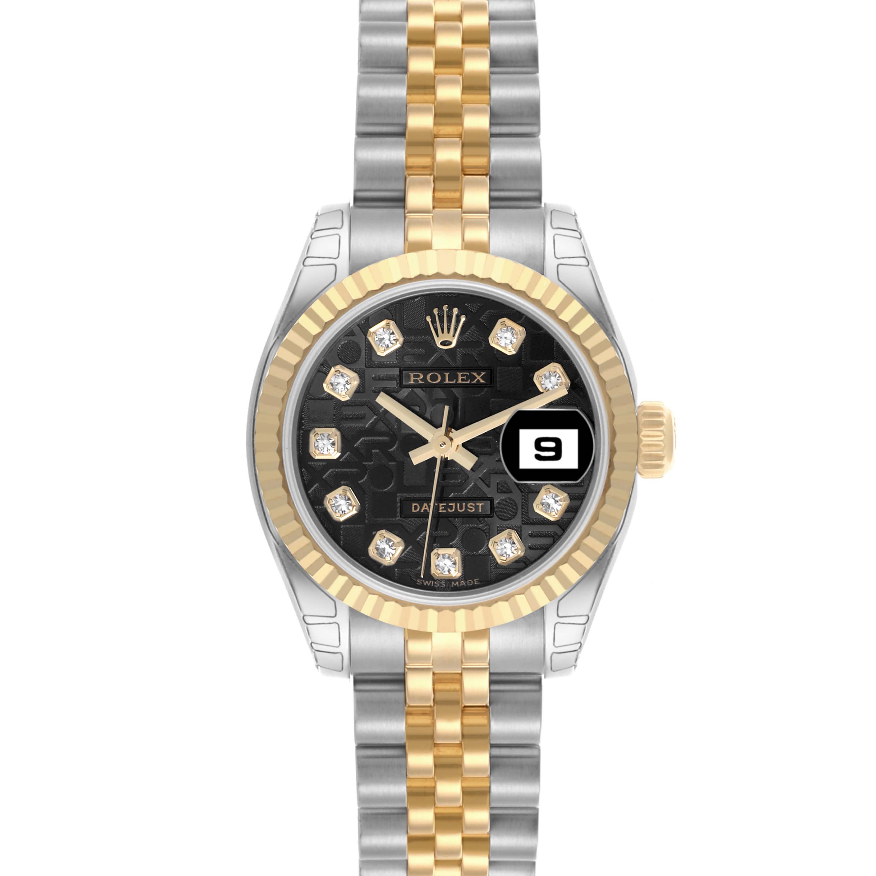 The Rolex Datejust 179173 Women's Steel and Gold (two tone) Black Dial 179173 Women's Steel and Gold (two tone) Black Dial watch is shown from the front, displaying the dial, bezel, crown, and bracelet.