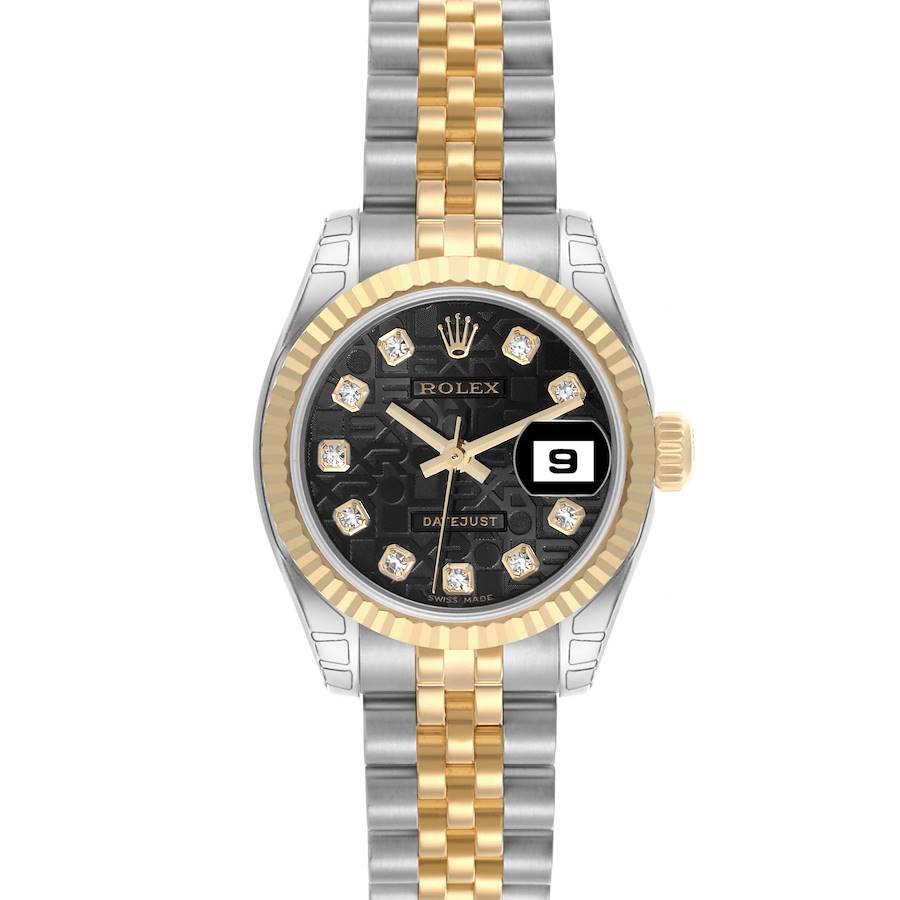 The Rolex Datejust watch is shown from the front, displaying the dial, bezel, crown, and bracelet.