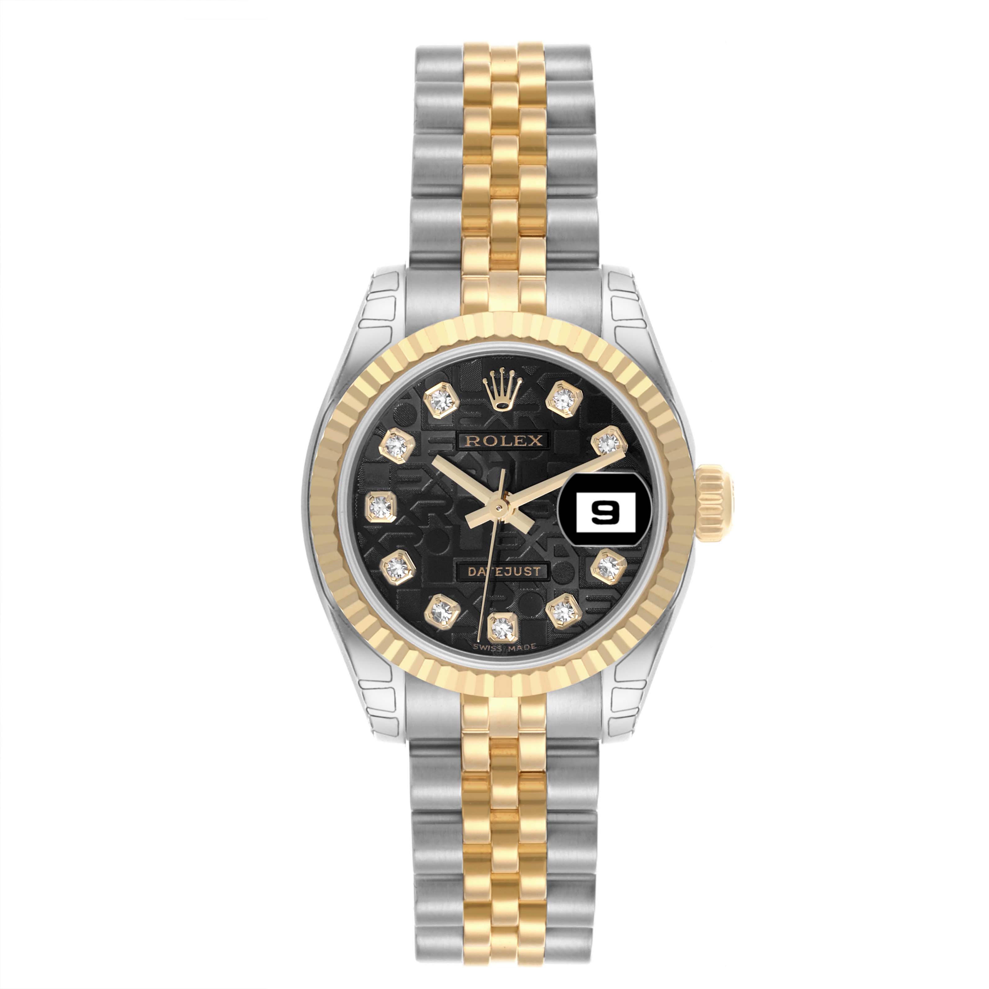 The Rolex Datejust 179173 Women's Steel and Gold (two tone) Black Dial 179173 Women's Steel and Gold (two tone) Black Dial is shown from the front, highlighting the dial, bezel, and two-tone bracelet.