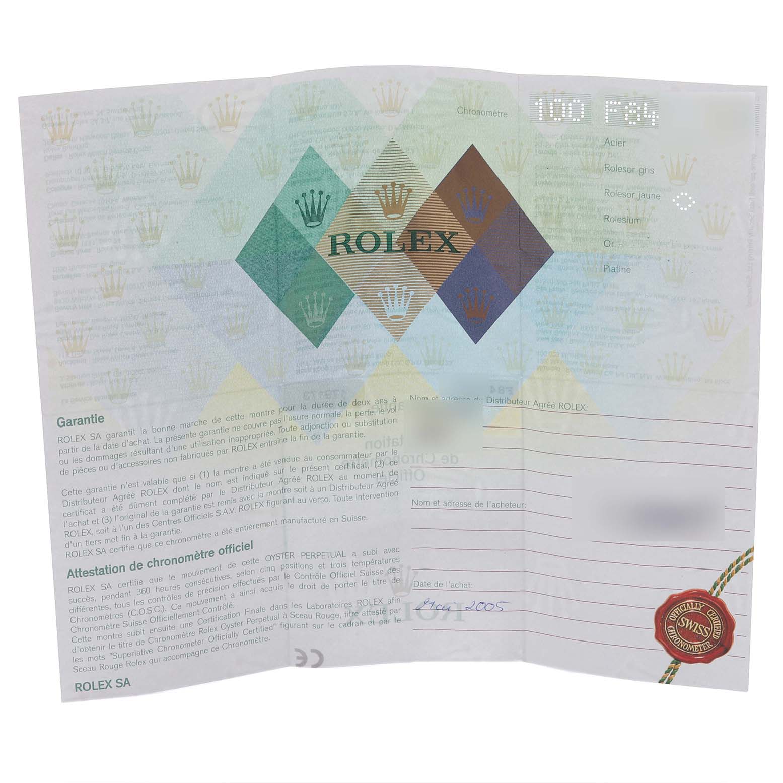 The image shows a Rolex Datejust 179173 Women's Steel and Gold (two tone) Black Dial 179173 Women's Steel and Gold (two tone) Black Dial warranty certificate with brand markings and text details.