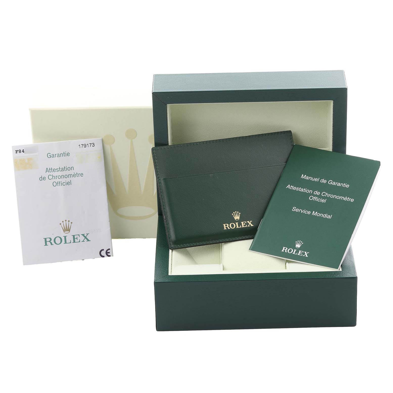The image shows a Rolex Datejust 179173 Women's Steel and Gold (two tone) Black Dial 179173 Women's Steel and Gold (two tone) Black Dial watch box, with manuals and warranty card displayed at a front angle.