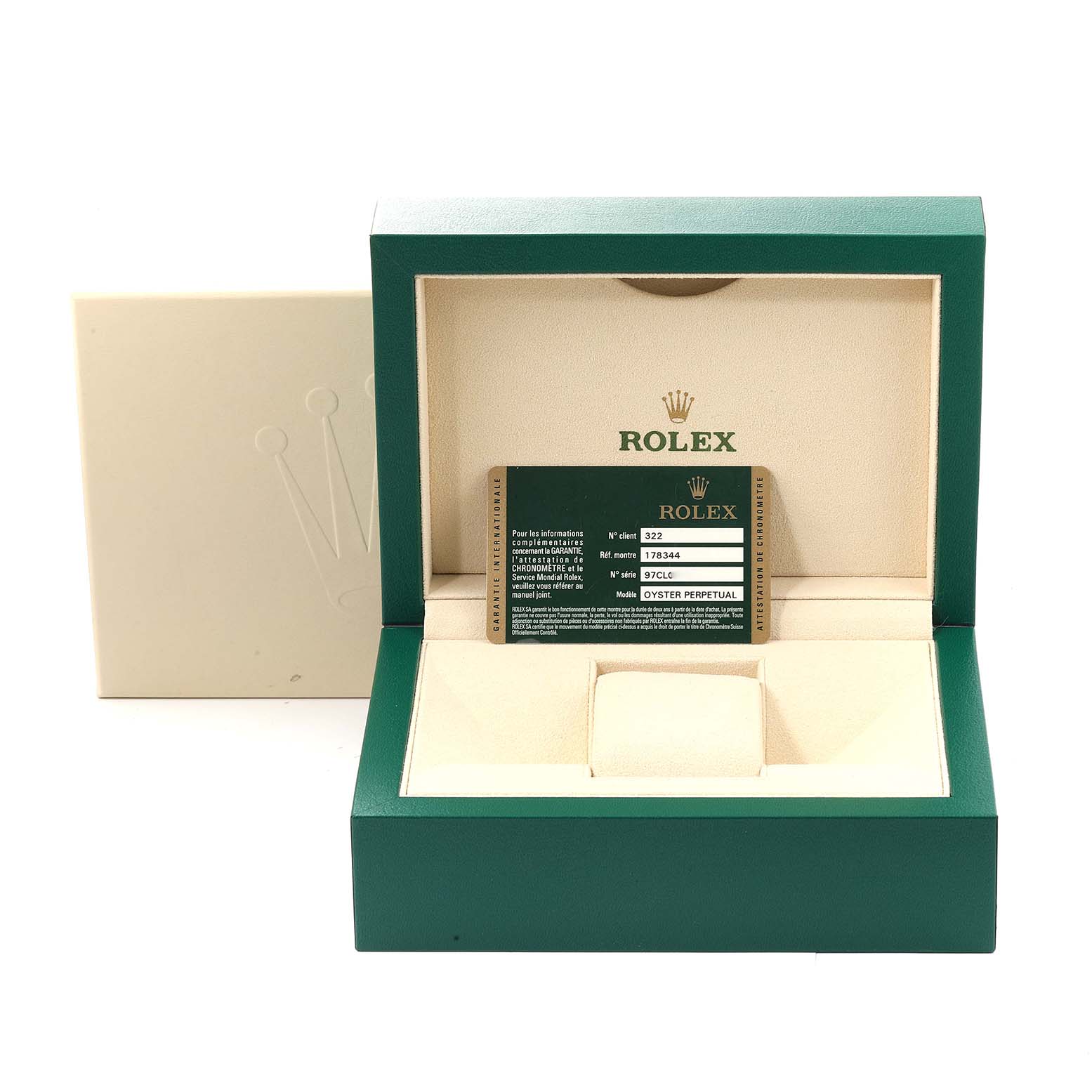 The image shows an open green and cream-colored Rolex Datejust 178344 Women's Stainless Steel Mother of Pearl Dial 178344 Women's Stainless Steel Mother of Pearl Dial watch box, displaying the authentication card.