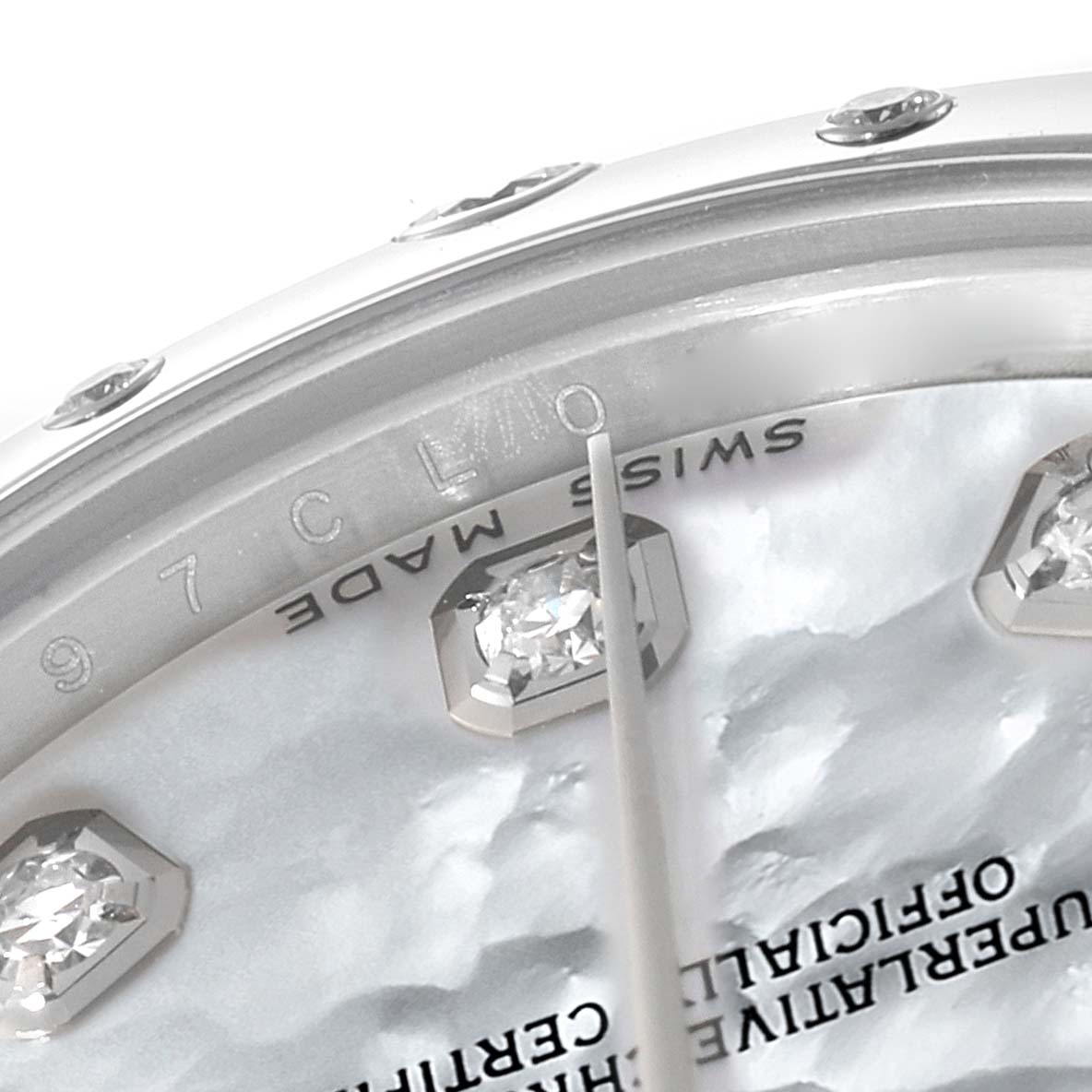 This close-up image shows part of the dial and diamond hour markers of the Rolex Datejust 178344 Women's Stainless Steel Mother of Pearl Dial 178344 Women's Stainless Steel Mother of Pearl Dial watch.