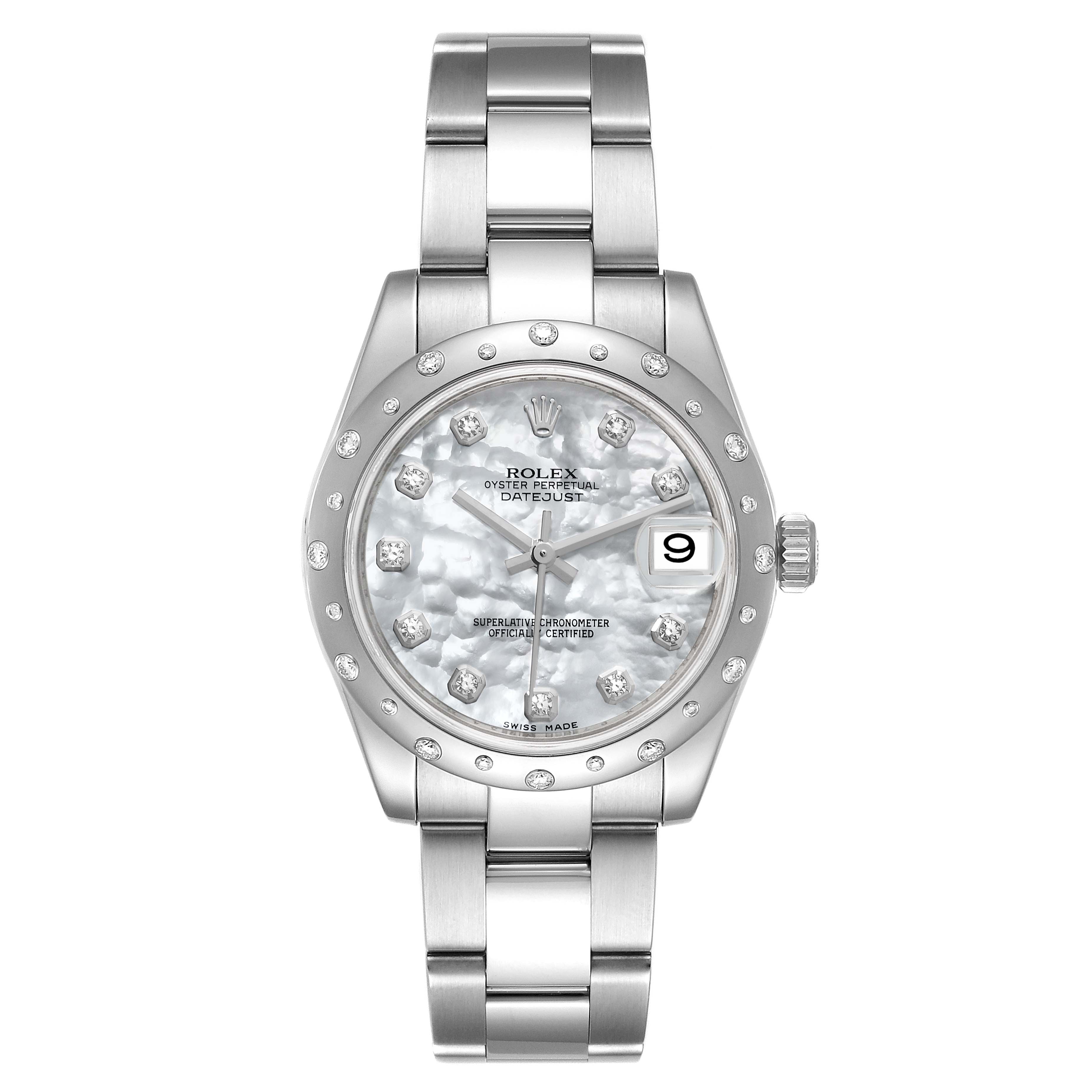 This Rolex Datejust 178344 Women's Stainless Steel Mother of Pearl Dial 178344 Women's Stainless Steel Mother of Pearl Dial watch is shown from a front angle, displaying its dial, bezel, crown, and bracelet.