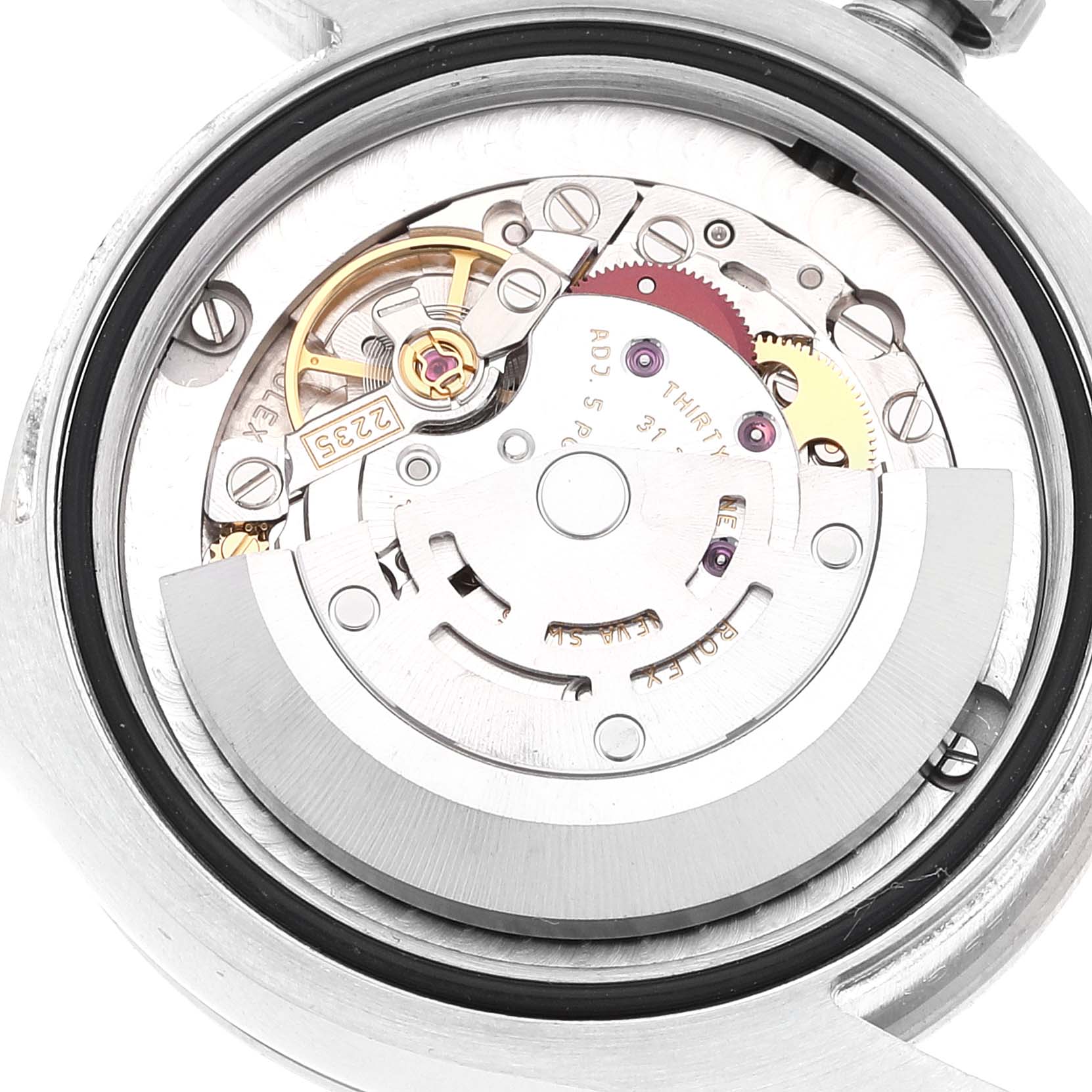 This image shows the internal mechanism and movement parts of the Rolex Datejust 178344 Women's Stainless Steel Mother of Pearl Dial 178344 Women's Stainless Steel Mother of Pearl Dial watch from a top-down angle.