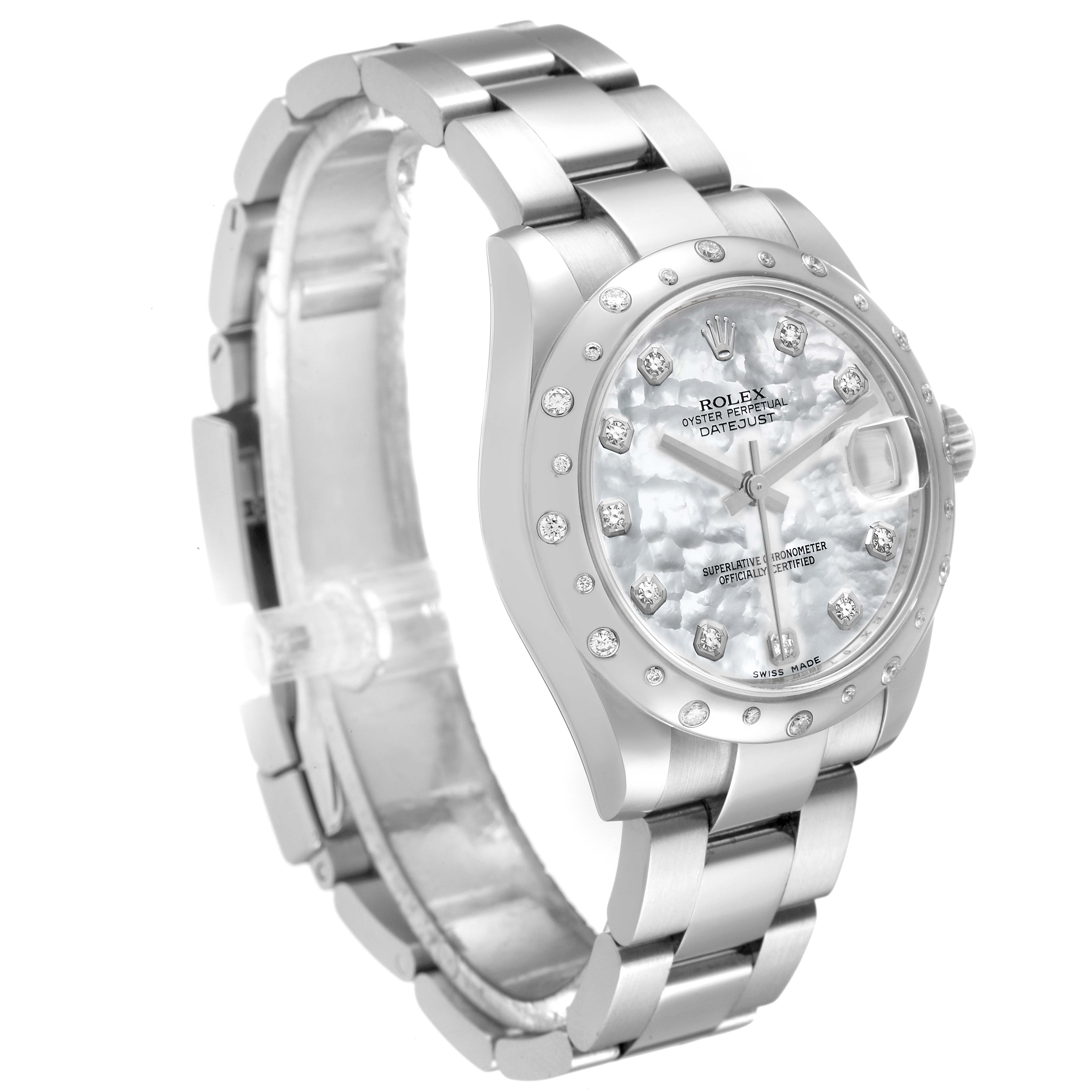 The image shows a Rolex Datejust 178344 Women's Stainless Steel Mother of Pearl Dial 178344 Women's Stainless Steel Mother of Pearl Dial watch at a 45-degree angle, highlighting the face, bezel, and bracelet.