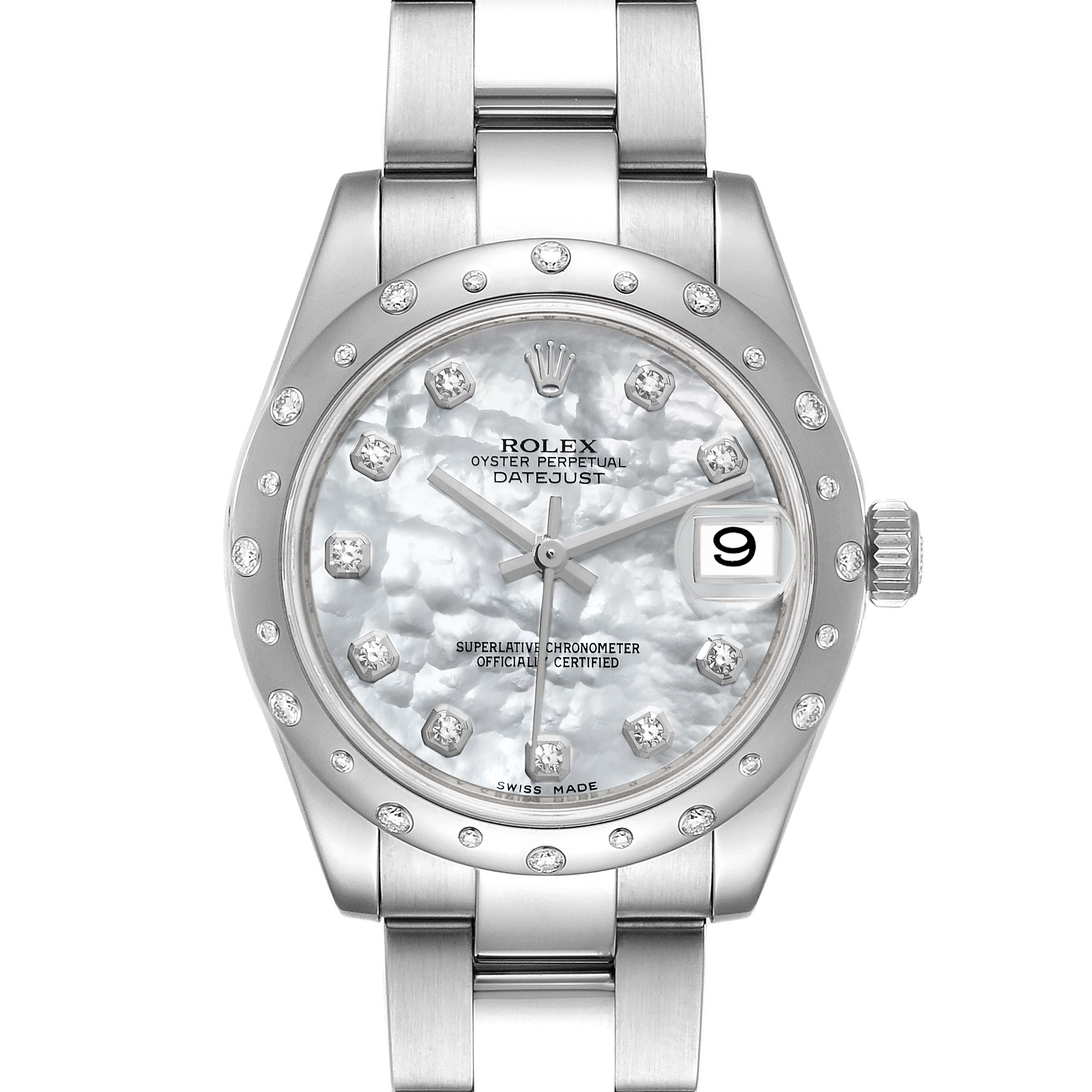 The image shows a front view of the Rolex Datejust 178344 Women's Stainless Steel Mother of Pearl Dial 178344 Women's Stainless Steel Mother of Pearl Dial watch, displaying its dial, bezel, crown, and part of the bracelet.