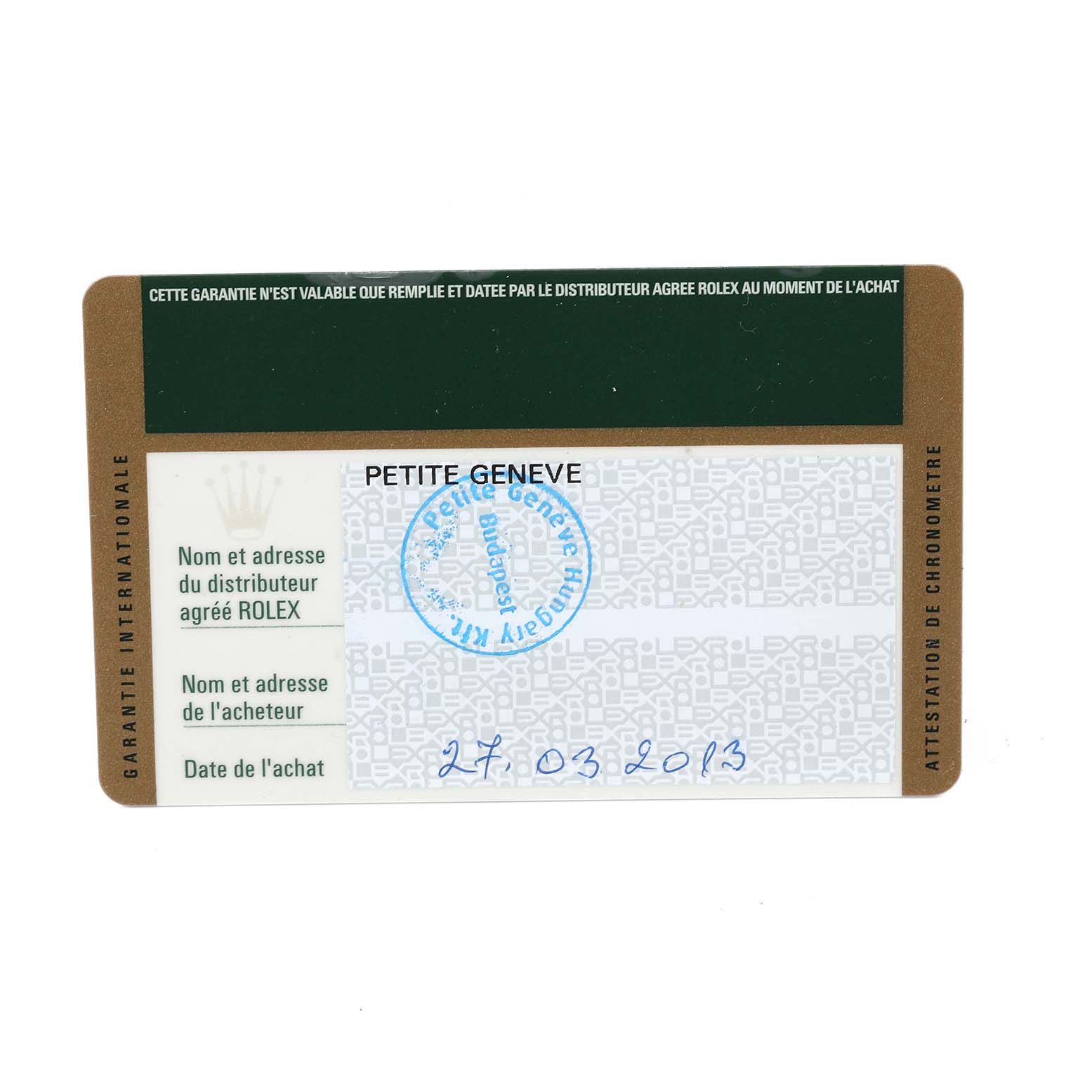 This image shows a guarantee card for the Rolex Datejust 178344 Women's Stainless Steel Mother of Pearl Dial 178344 Women's Stainless Steel Mother of Pearl Dial model with purchase details and a stamp.