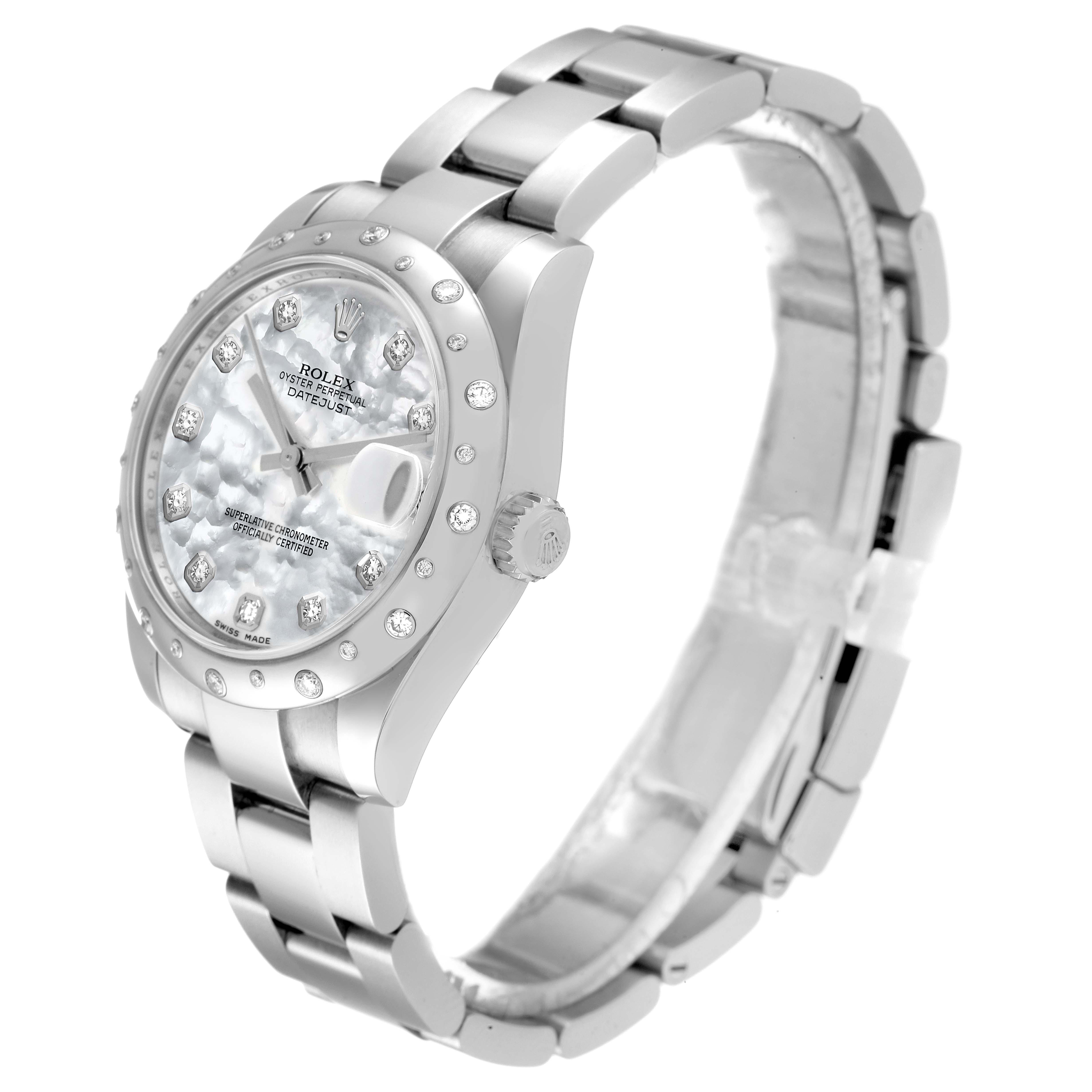 The image shows a Rolex Datejust 178344 Women's Stainless Steel Mother of Pearl Dial 178344 Women's Stainless Steel Mother of Pearl Dial watch from a side angle, highlighting the bracelet, dial, and bezel.