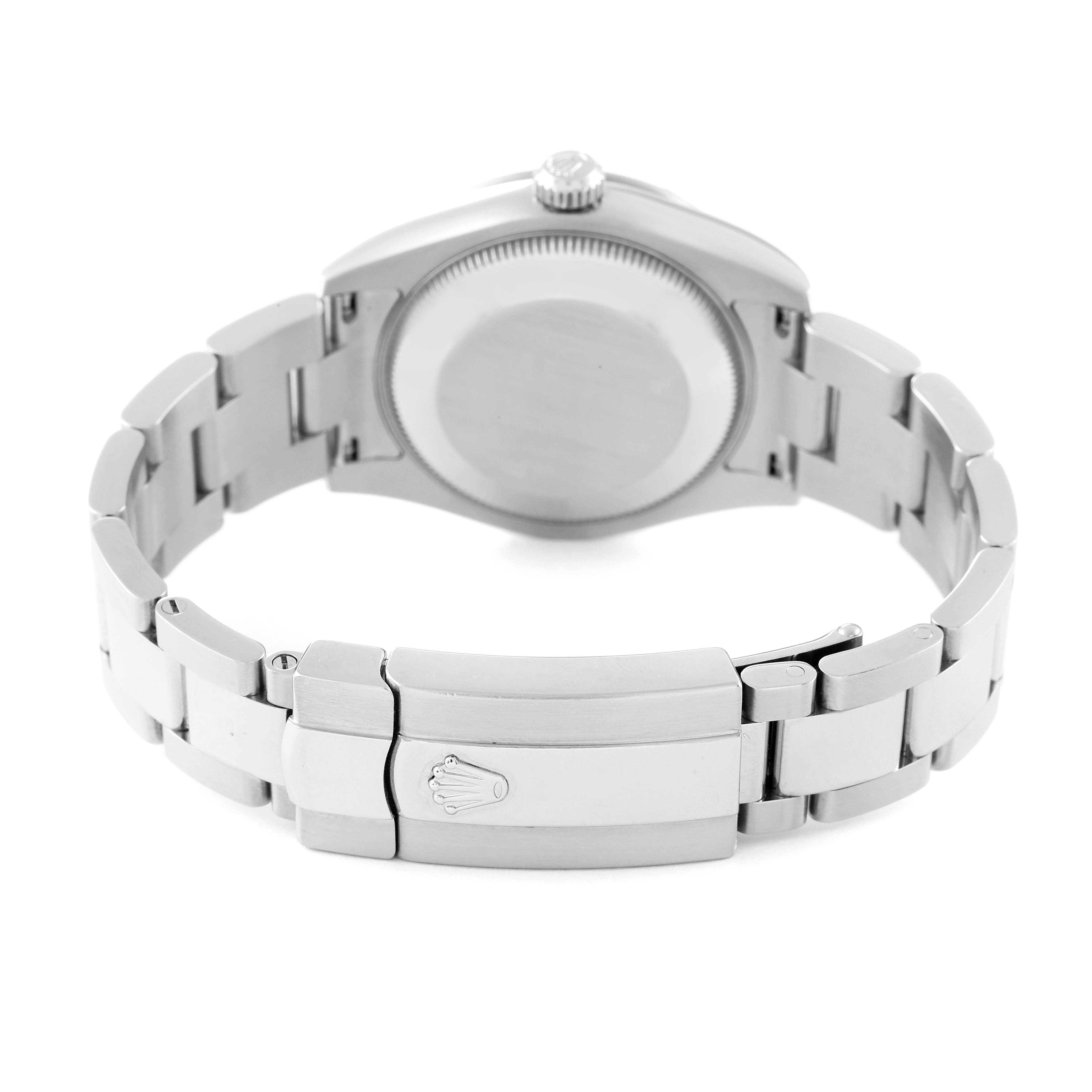 The image shows the back view of a Rolex Datejust 178344 Women's Stainless Steel Mother of Pearl Dial 178344 Women's Stainless Steel Mother of Pearl Dial model, highlighting its case back and clasp.