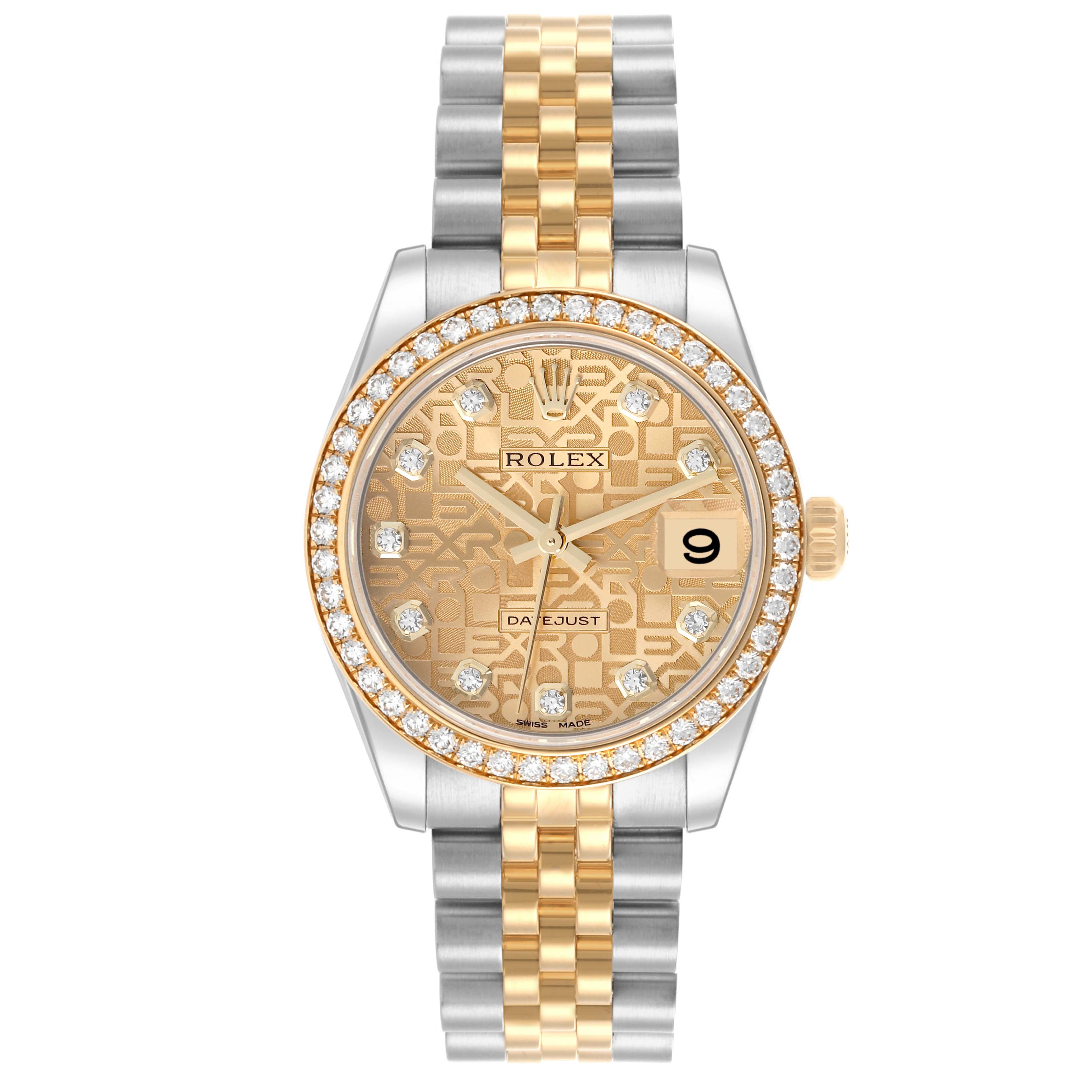 The Rolex Mid-Size M178383-0008 Women's Steel and Gold (two tone) Champagne Dial M178383-0008 Women's Steel and Gold (two tone) Champagne Dial watch is shown from the front, displaying the dial, bezel, and bracelet.
