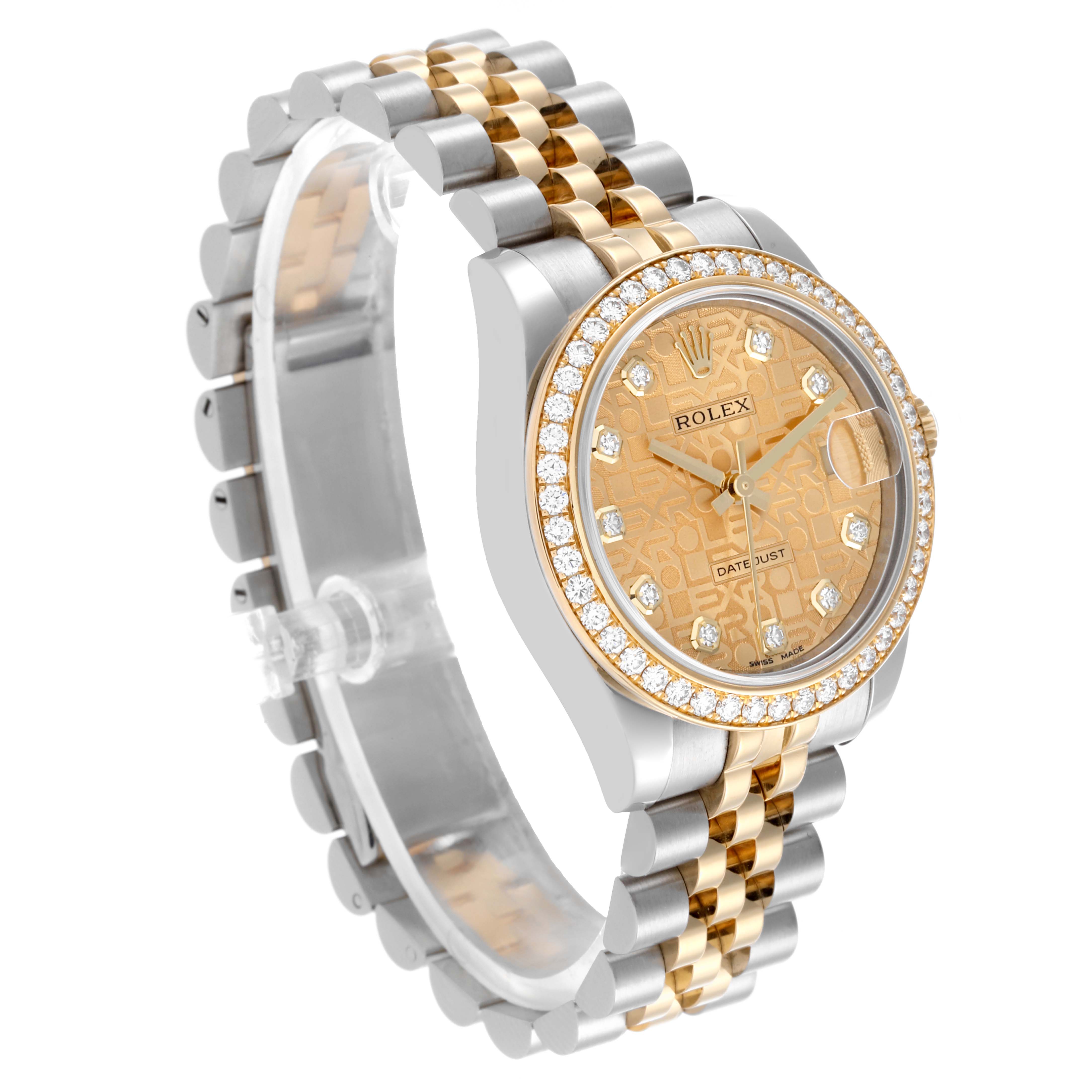 The Rolex Mid-Size M178383-0008 Women's Steel and Gold (two tone) Champagne Dial M178383-0008 Women's Steel and Gold (two tone) Champagne Dial watch is shown at a three-quarter angle, highlighting the face, bezel, and bracelet.